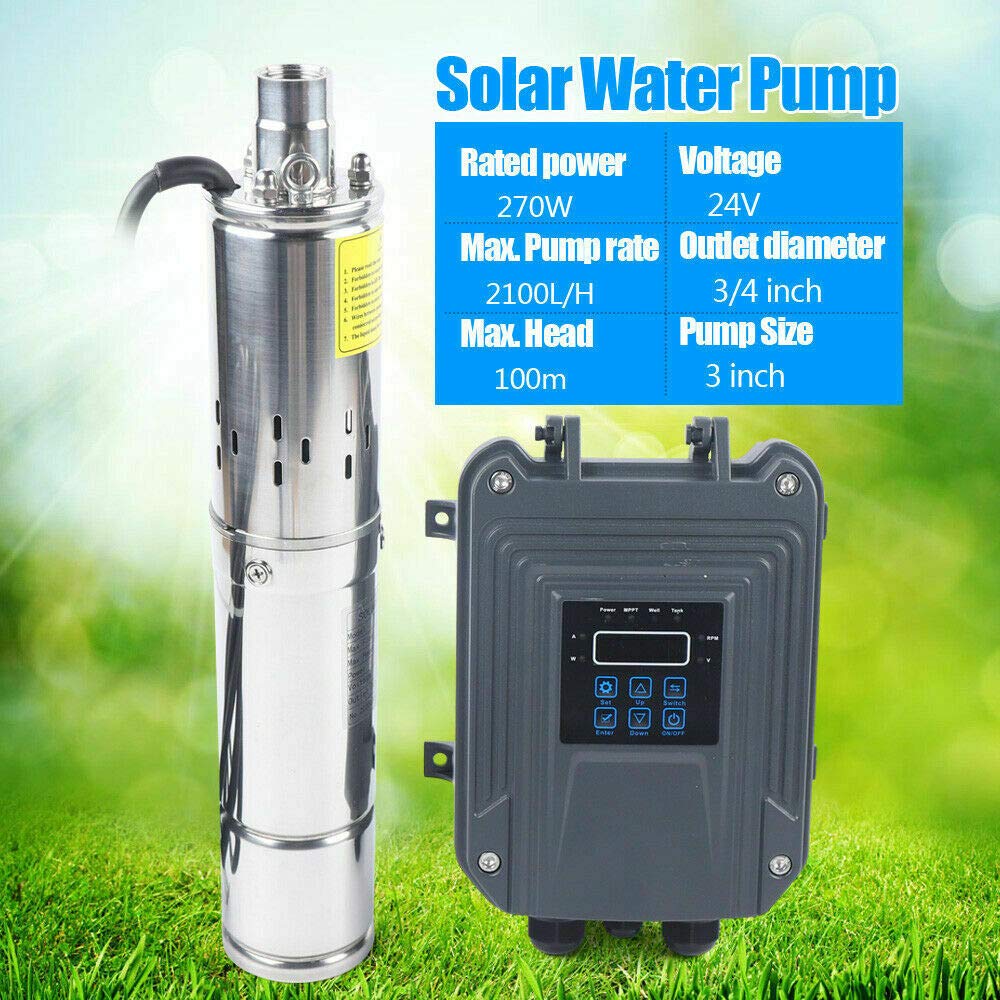 24V 270W DC Solar Water Pump Submersible Well Pump Stainless Steel with MPPT Controller - 2100L/H Max Flow for Home, Farm & Industrial Use | Irrigation, Livestock Watering & Off-Grid Water Supply