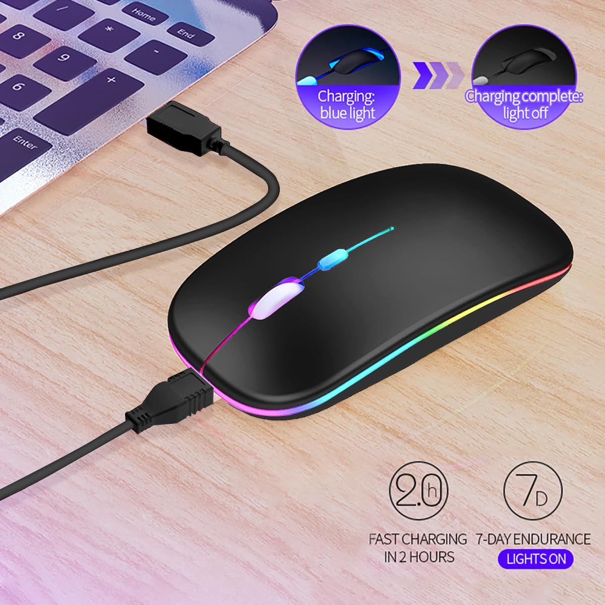 Vinmooog Wireless Rechargeable Ergonomic Bluetooth Mouse - 7 Color Backlit Gaming Mouse with Adjustable 3 DPI & 2.4GHz USB Receiver for PC, Laptop, Office & Gaming (Black) - Perfect for Work, Gaming & Travel