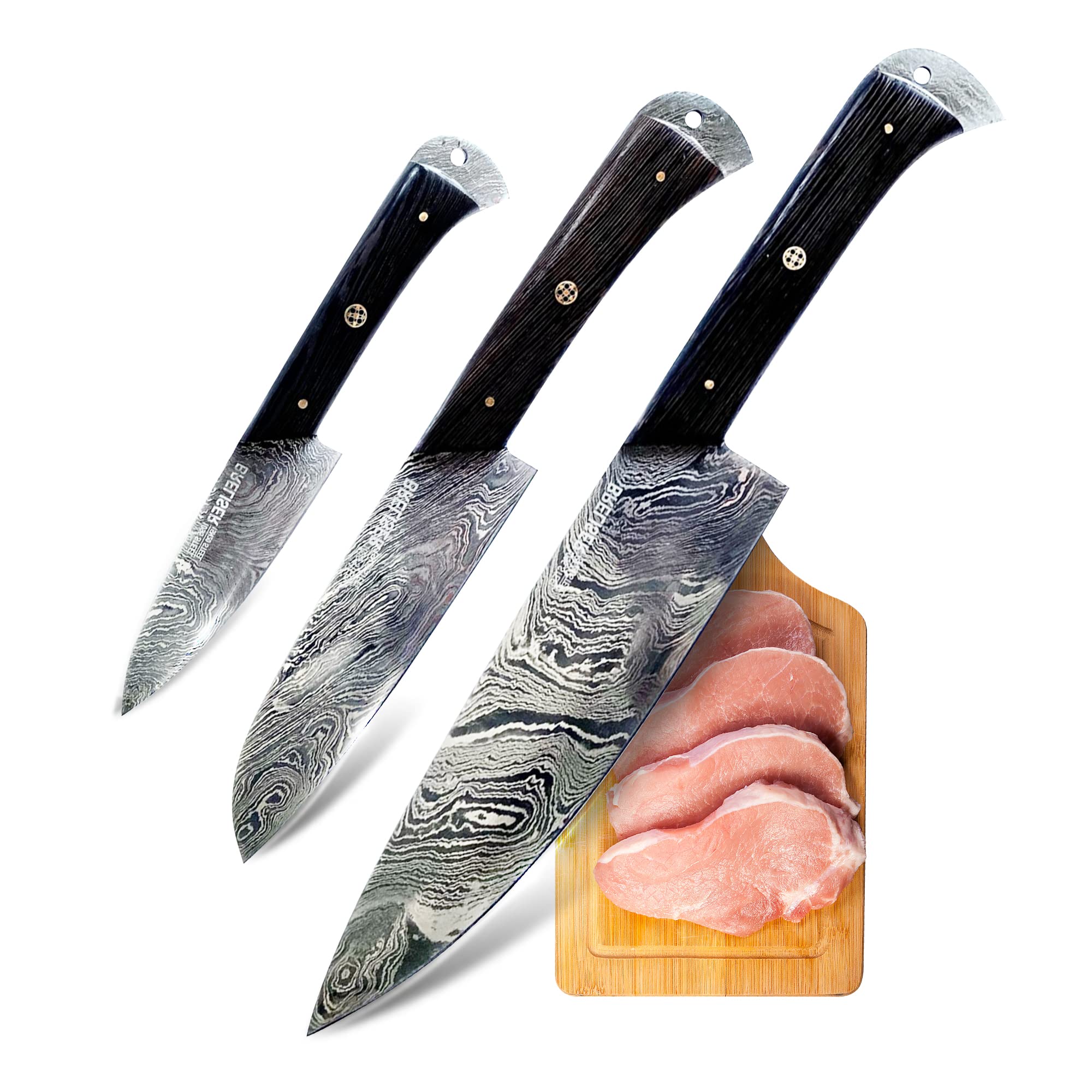 Premium 3-Piece Damascus Steel Knife Set - Professional Chef Knife, Santoku Knife & Paring Knife with Wenge Wood Handles - Perfect for Home Cooking, Professional Kitchens & Chef Gifts
