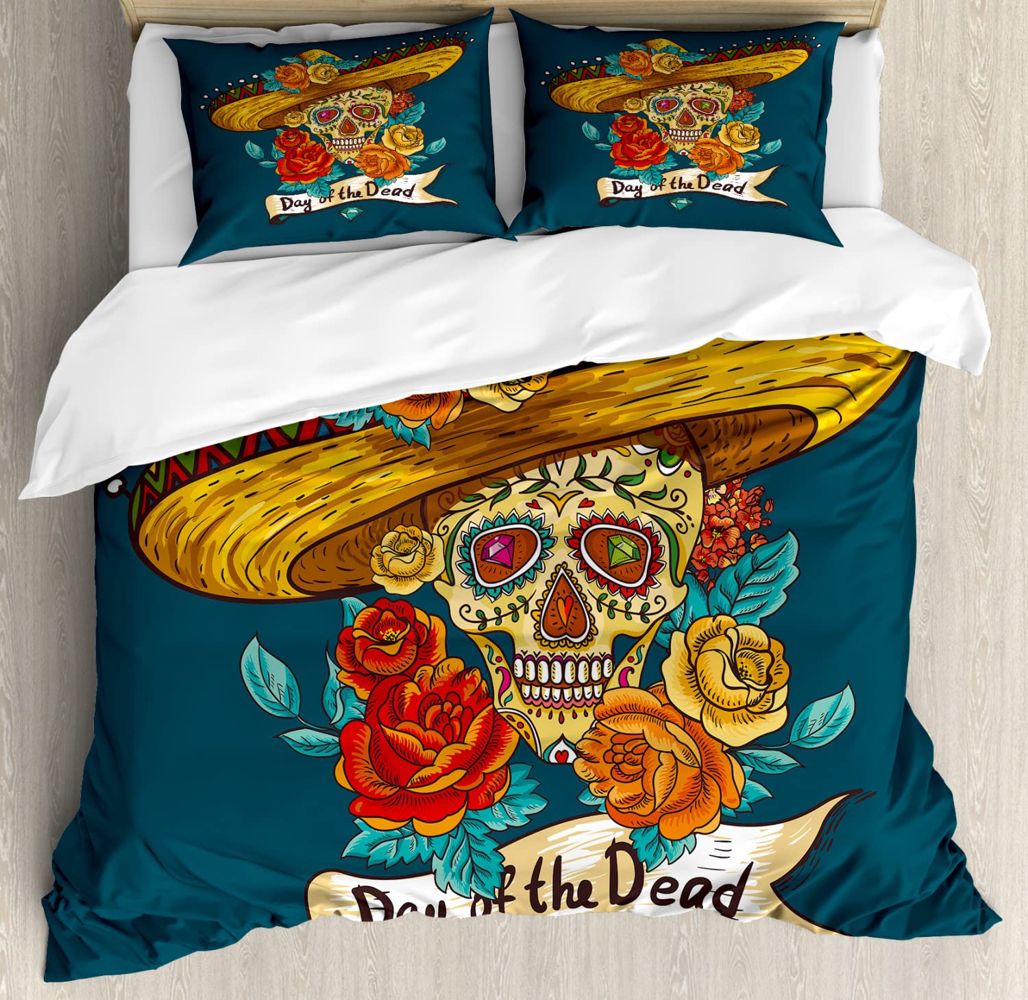 Ambesonne Day of The Dead Duvet Cover Set - Mexican Sugar Skull & Roses Print King Size 2-Pack (Petrol Blue & Turquoise) - Includes 2 Duvet Covers & 4 Pillowcases - Perfect for Halloween, Dia de Muertos Decor & Bohemian Bedroom Style