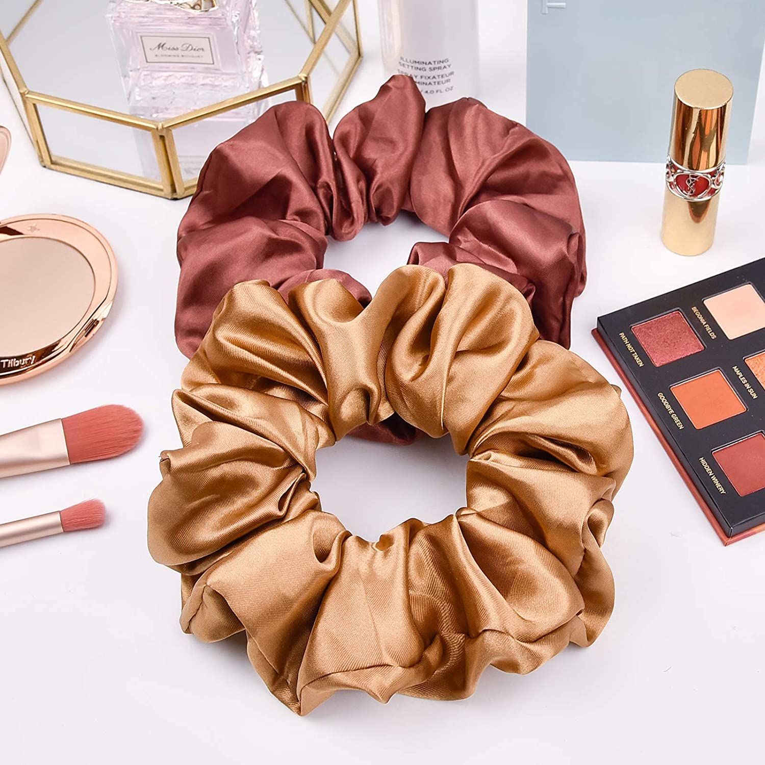 10 Pack Large Black & Coffee Satin Scrunchies for Women - Oversized Thick Elastic Hair Ties, Jumbo Hair Accessories in Black/Coffee/Champagne/Brown/Grey/Dark Brown - Perfect for Work, Gym & Everyday Styling