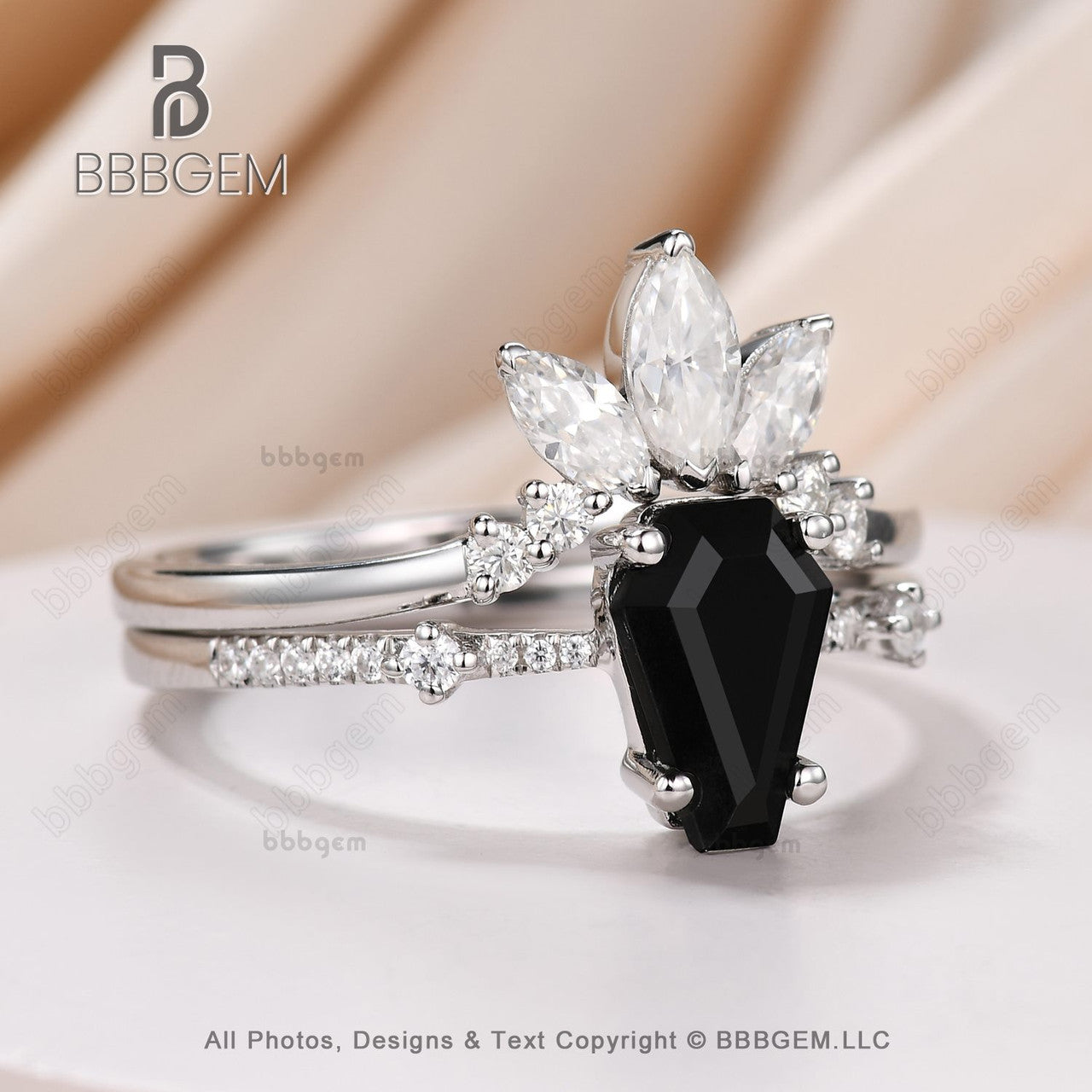 Women's Black Onyx Coffin Statement Ring Set - 3 Stone Marquise Moissanite Curve Band White Gold Promise Ring for Engagement, Anniversary & Special Occasions