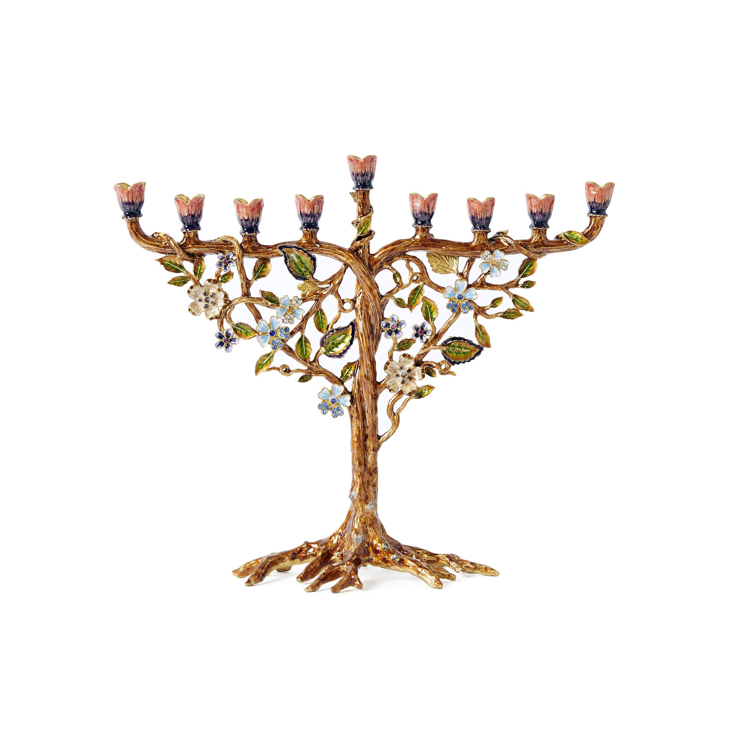 Hand Painted Jewish Menorah Candle Holder - Metal Hanukkah Candelabra with Crystal Embellishments & Floral Vine Design, Fits 9mm (5/16