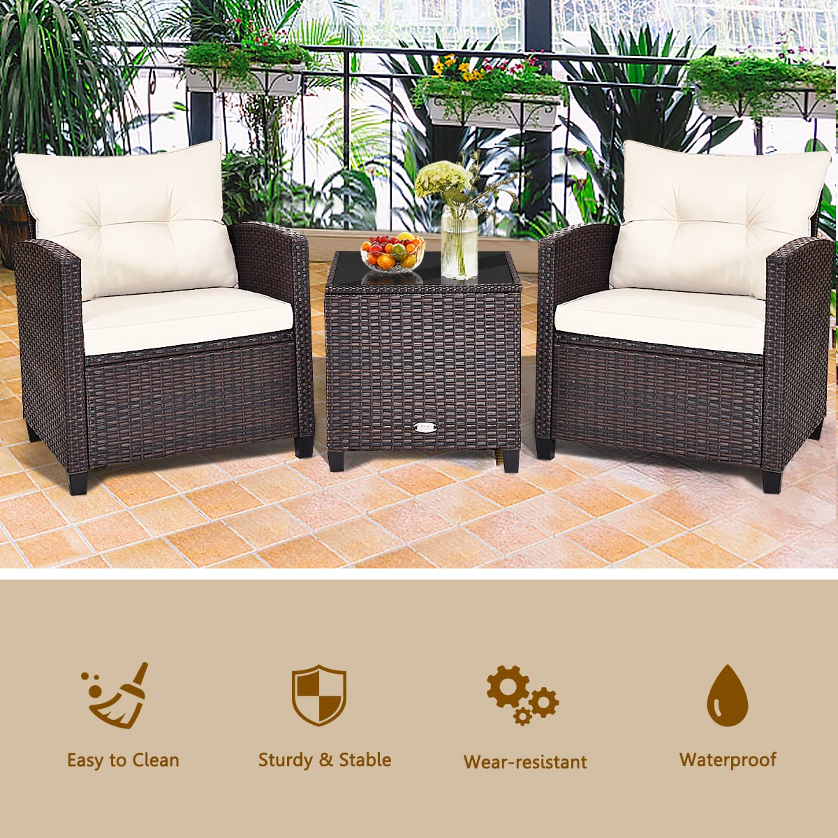 KOTEK 3-Piece Outdoor Patio Furniture Set with Washable Cushions & Tempered Glass Tabletop - PE Rattan Wicker Bistro Set for Porch, Garden, Balcony, Backyard (White) - Perfect for Relaxing, Entertaining Guests, and Outdoor Dining