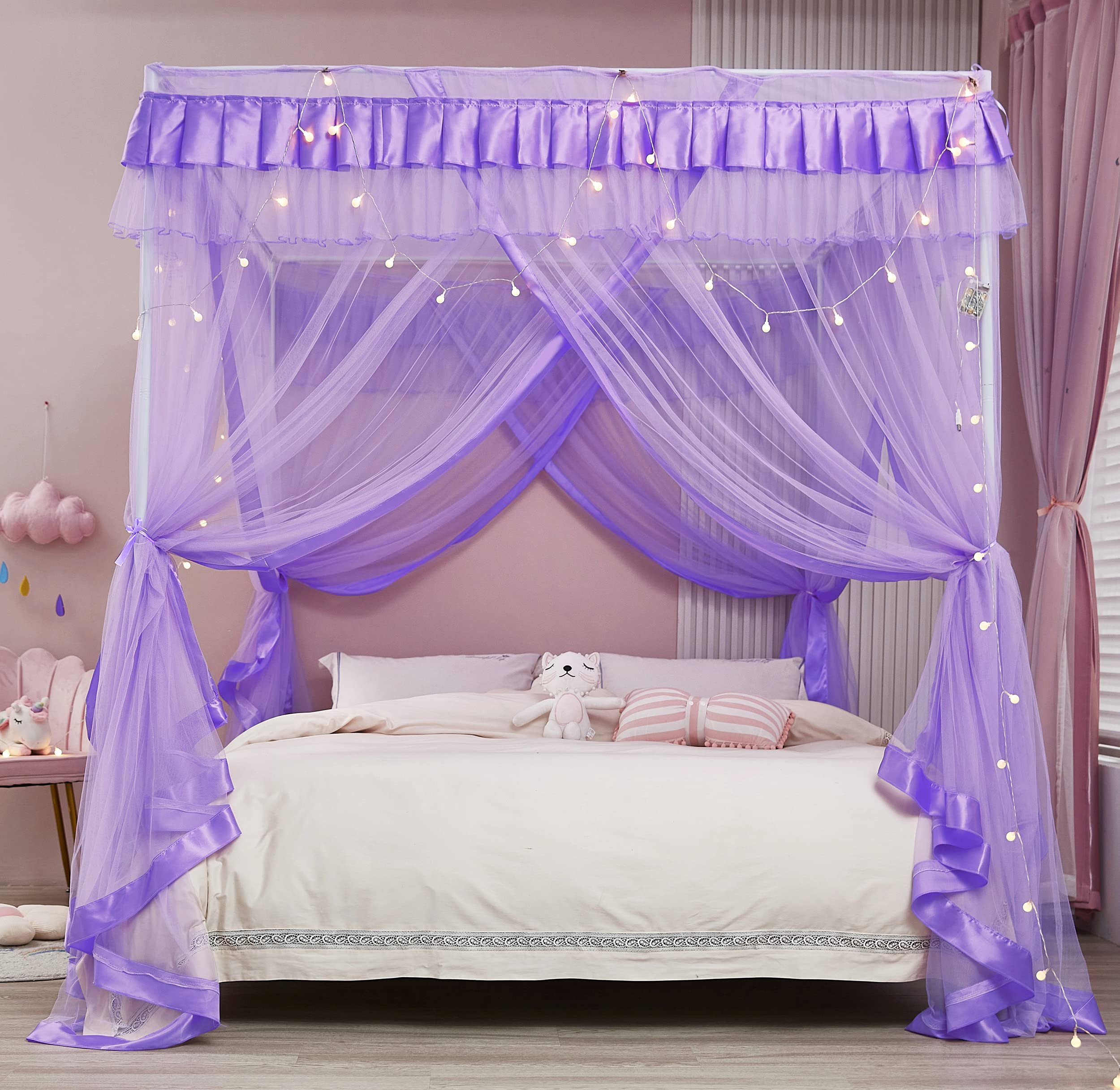 Mengersi Full Size Canopy Bed Curtains for Kids - Purple Princess Bed Drapes, Boys Girls Bedroom Decor, Dreamy Canopy for Daytime Naps & Fantasy Play