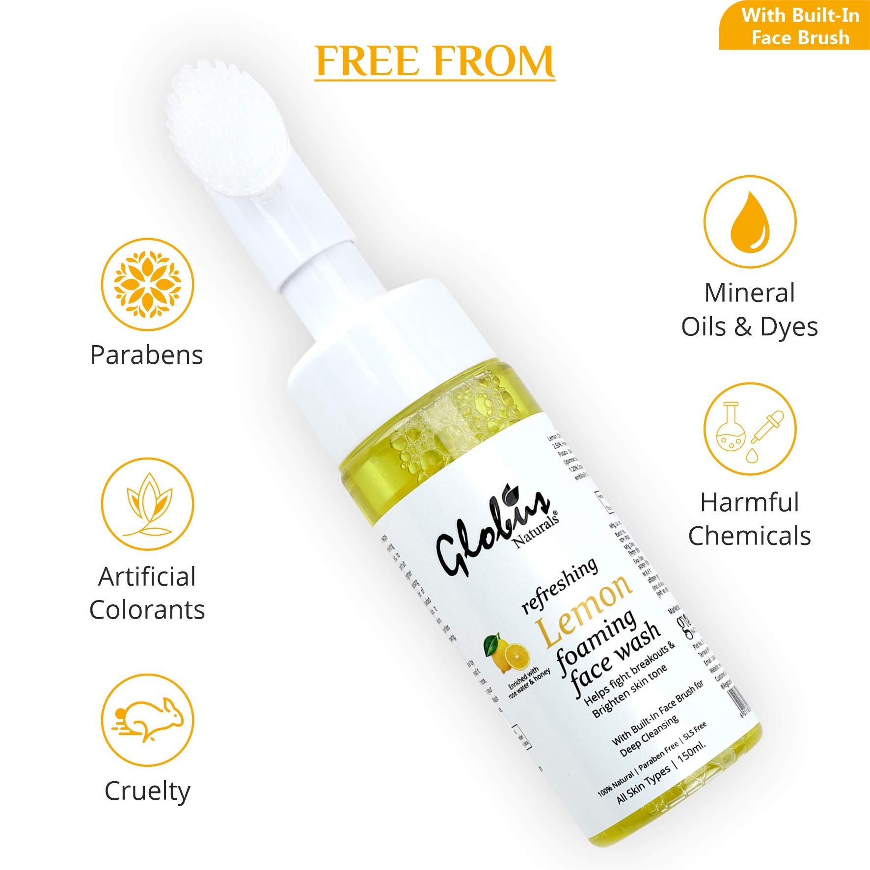 Globus Naturals Refreshing Lemon Foaming Face Wash with Silicone Massage Brush - Acne Fighting, Skin Brightening, Paraben & Sulfate Free (150ml) | Gentle Cleanser for Oily & Combination Skin | Morning & Night Skincare Routine