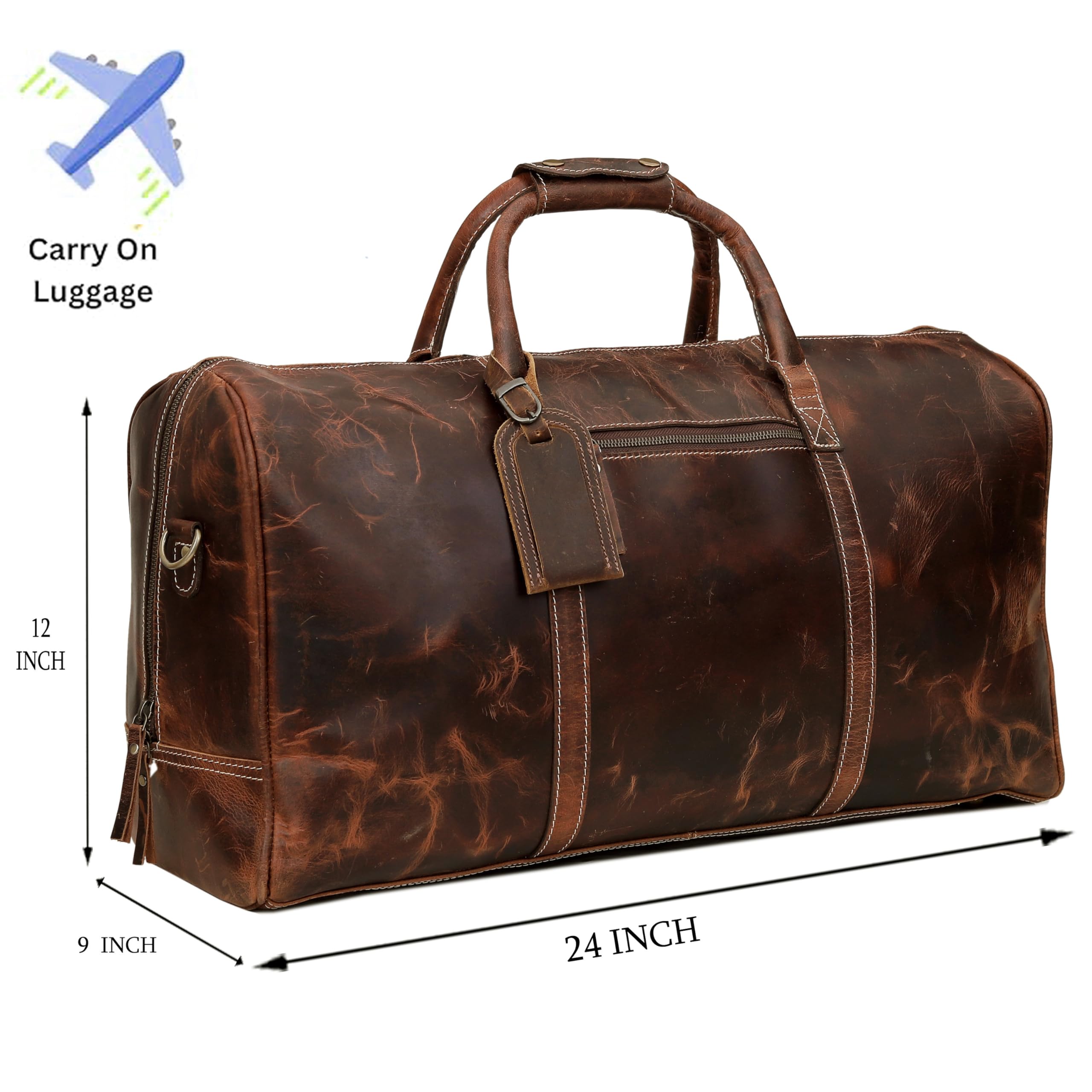 Premium 24 Inch Leather Duffle Bag for Men & Women - Handmade Large Carry On Luggage, Weekender Travel & Gym Sports Bag - Perfect for Airplane Travel, Overnight Trips & Workout Sessions