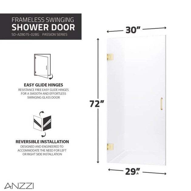 Anzzi SD AZ8075 02BG Passion Frameless Shower Door 30