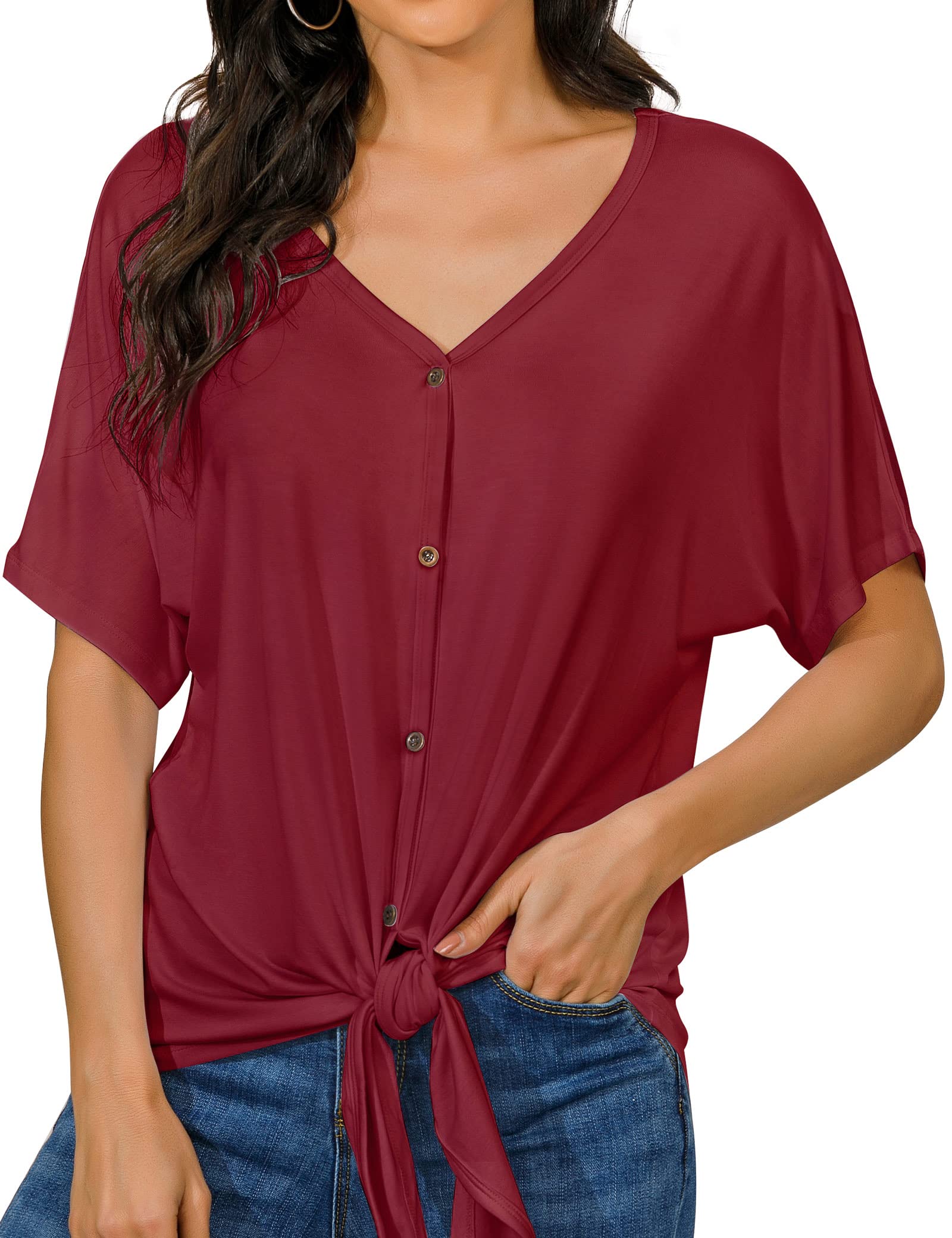 IUGA Women's V-Neck T-Shirt - Summer Short Sleeve Blouse with Tie Knot Detail | Casual Fashion Top for Everyday Wear, Date Night & Beach Outfits