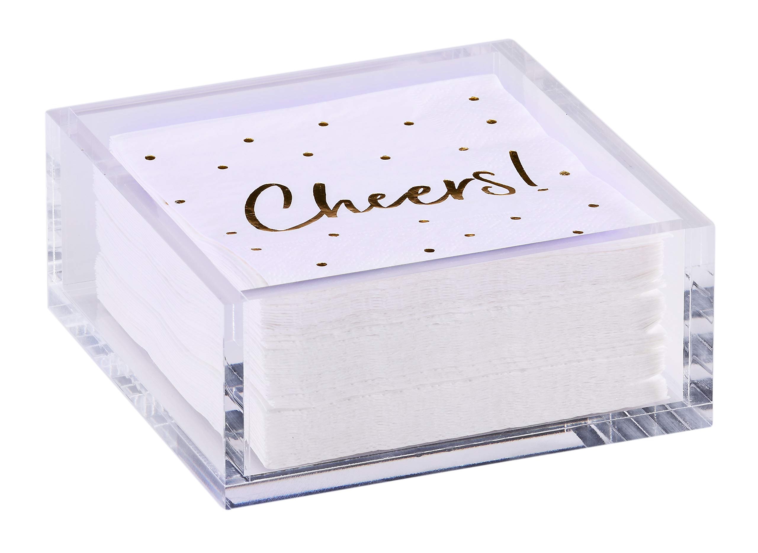 Premium 5x5 Inch Heavy Duty Acrylic Cocktail Napkin Holder with 20 Gold Embossed 'Cheers' Napkins - Elegant Party & Event Accessory for Weddings, Bars, and Home Entertaining