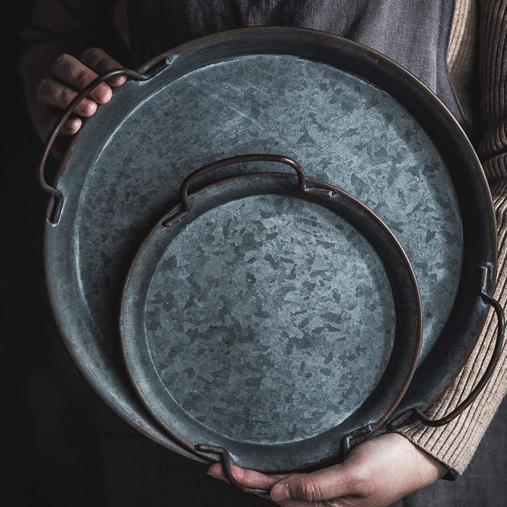 Vintage Handcrafted Wrought Iron Round Bread Tray with Handles - Rustic Metal Plate for Home Kitchen Storage, Farmhouse Decor, Garden & Restaurant Serving | Perfect for Bread Display, Fruit Serving, and Vintage Style Home Decoration