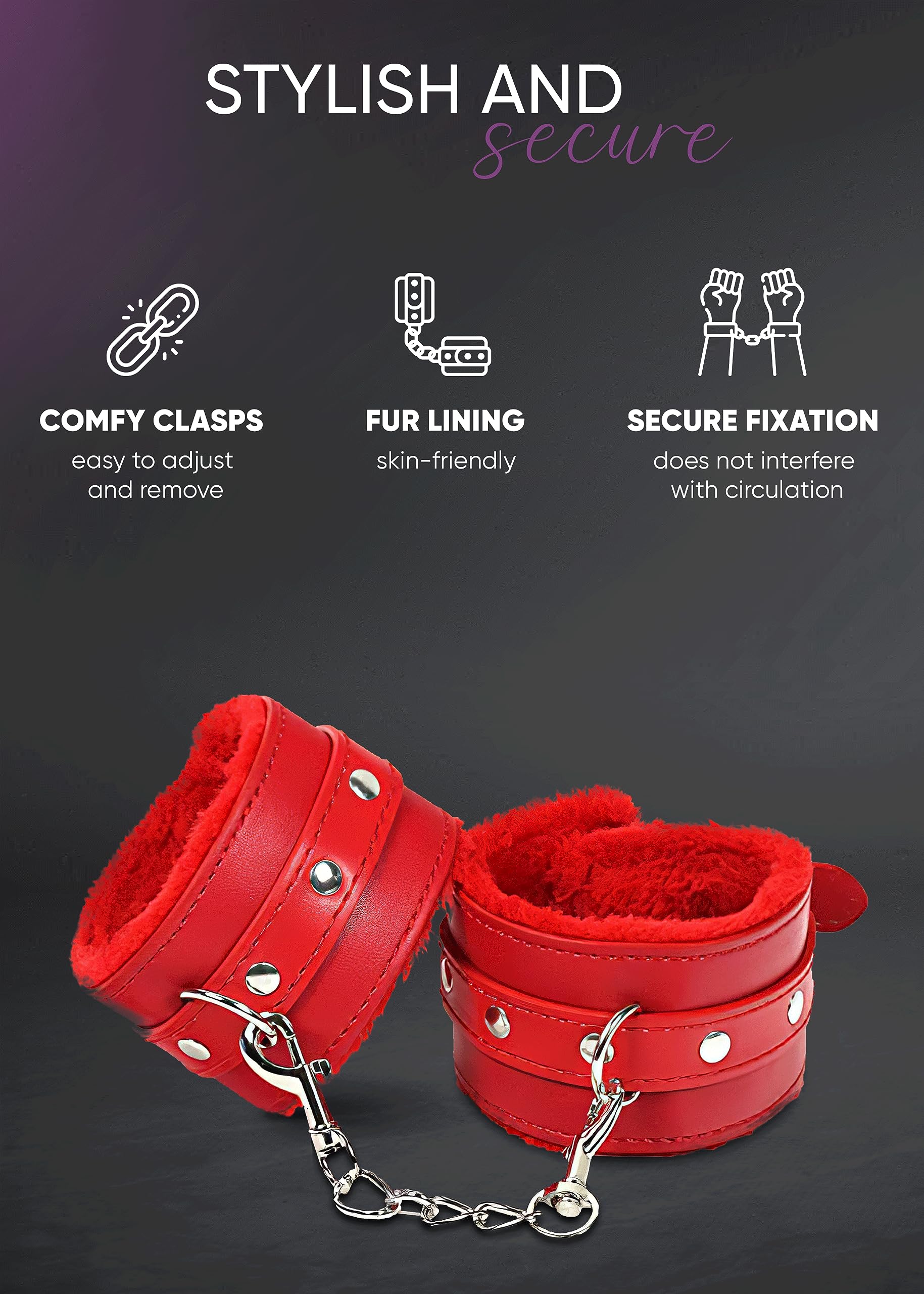 Soft Fluffy Handcuffs for Couples - Adjustable Red Fuzzy Hand Restraints with Chain - Perfect for BDSM, Role Play & Spicing Up Your Intimate Moments