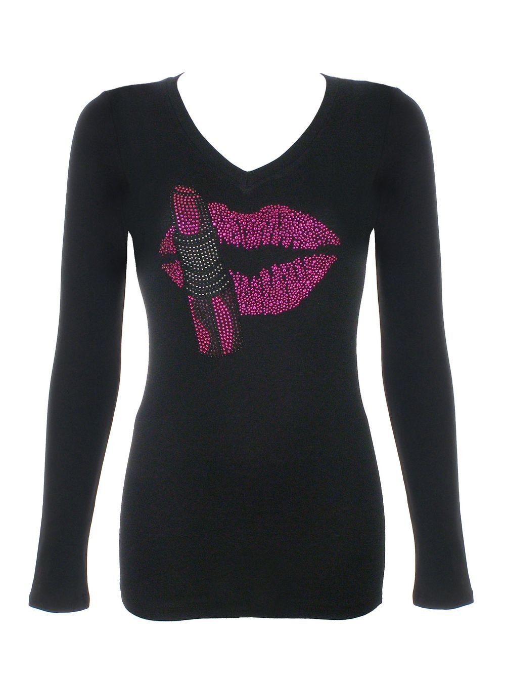 DivaDesigns Women's Rhinestone Bling T-Shirt with Big Lip & Lipstick Design - Black - Perfect for Parties, Clubbing & Fashion Statements