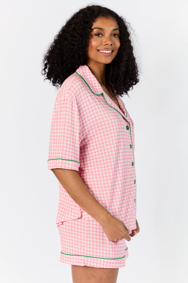 Pink Gingham Short Sleeve Pajama Top for Women - Soft & Comfortable Sleepwear - Perfect for Summer Nights, Loungewear & Vacation Getaways