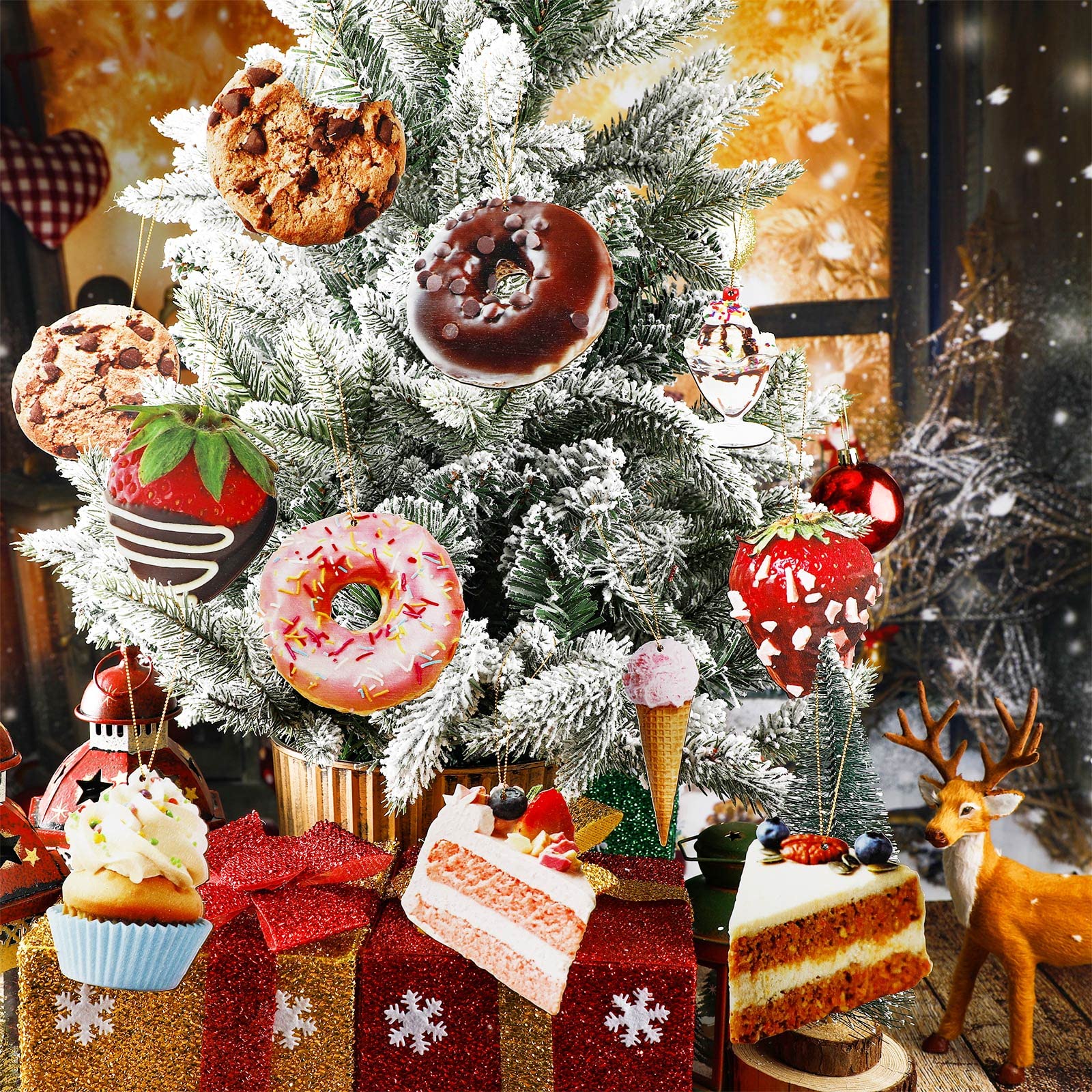 32-Piece Pastel Christmas Wooden Candy Ornaments Set - Xmas Tree Hanging Decorations for Holiday Party, Cupcake, Donut & Ice Cream Shaped Ornaments - Perfect for Christmas Tree Decor, Candy Buffet & Festive Home Decoration