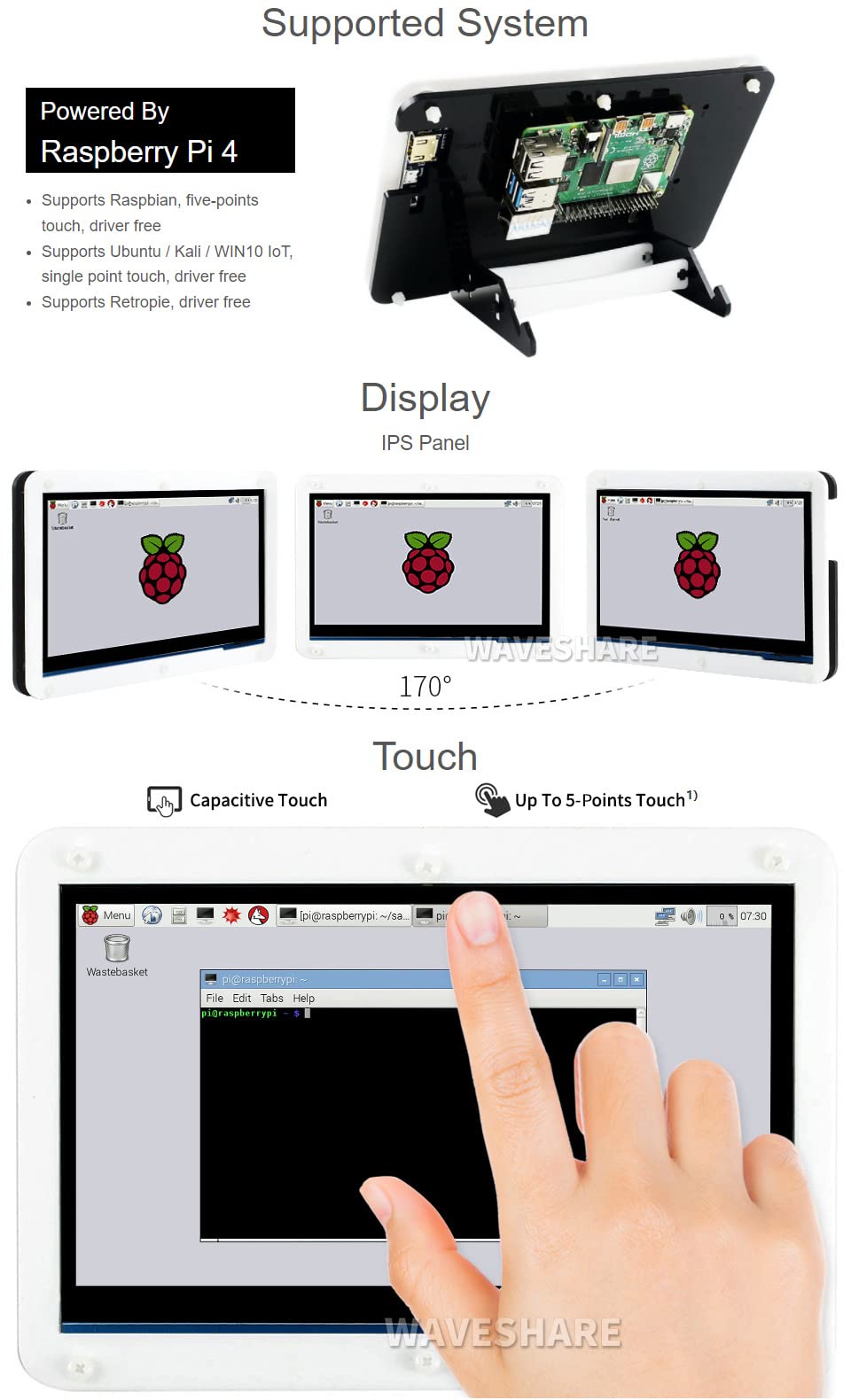 Waveshare 7-Inch Capacitive Touch LCD Display Kit for Raspberry Pi 4 Model B - Compatible with Micro SD Card & Accessories - Perfect for DIY Projects, Smart Home Displays & Embedded Systems