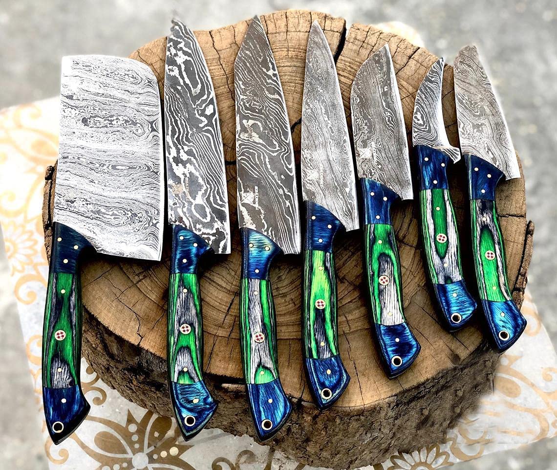 Premium 7-Piece Damascus Steel Chef Knife Set - Handcrafted Kitchen Knives with Leather Roll, Fixed Blades (Black, Blue, Green Wood Handle) - Perfect for Professional Chefs, Home Cooking & Culinary Gifts