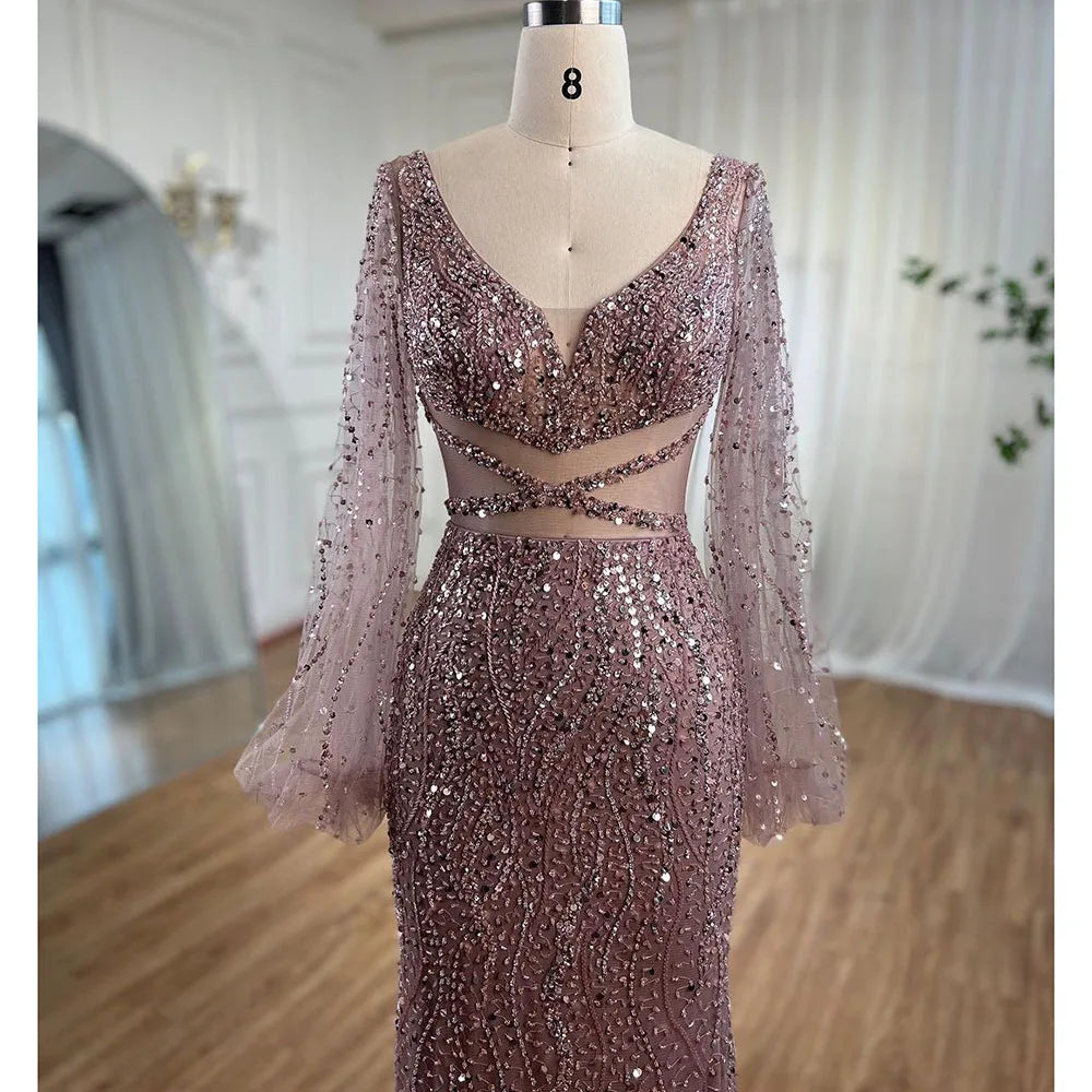 Elegant Beaded V-Neck Mermaid Evening Gown for Women - Sexy Mint Green Arabic Luxury Party Dress - Perfect for Prom, Gala, and Formal Events 2025 LA71784