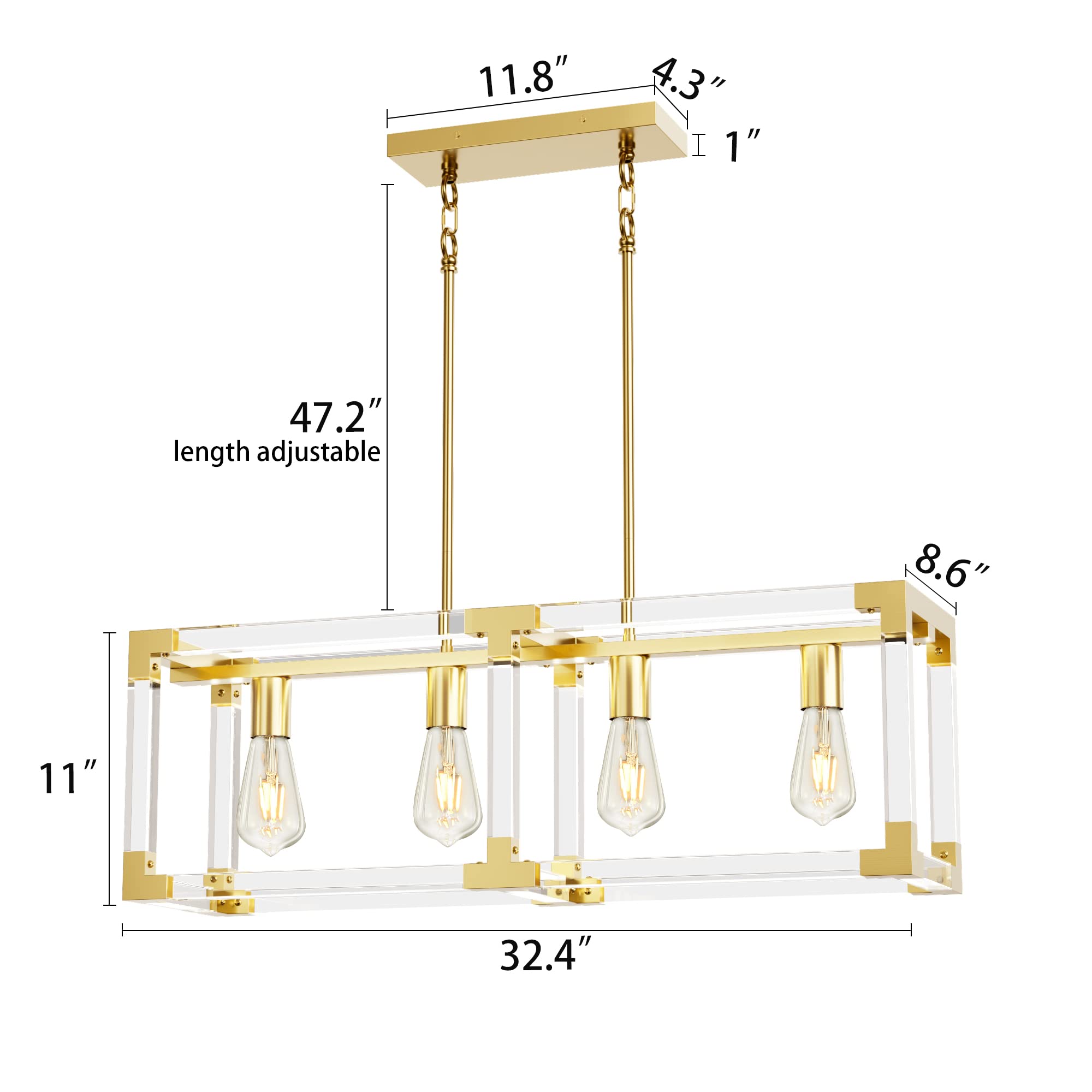 Modern 4-Light Gold Chandelier - Acrylic Hanging Ceiling Light Fixture for Dining Room, Kitchen Island & Living Room | Elegant Pendant Lighting for Home Decor & Special Occasions