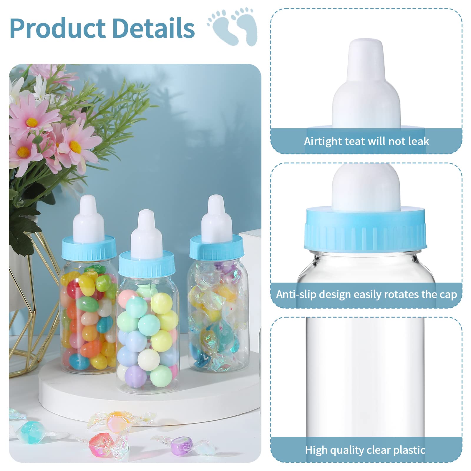 48 Pcs 4.5 Inch Mini Plastic Candy Bottles - Fillable Baby Shower Favors, Feeding Bottles for Party, Birthday, Baptism - Blue Removable Lids - Perfect for Newborn Celebrations, Candy Favors & Party Decorations