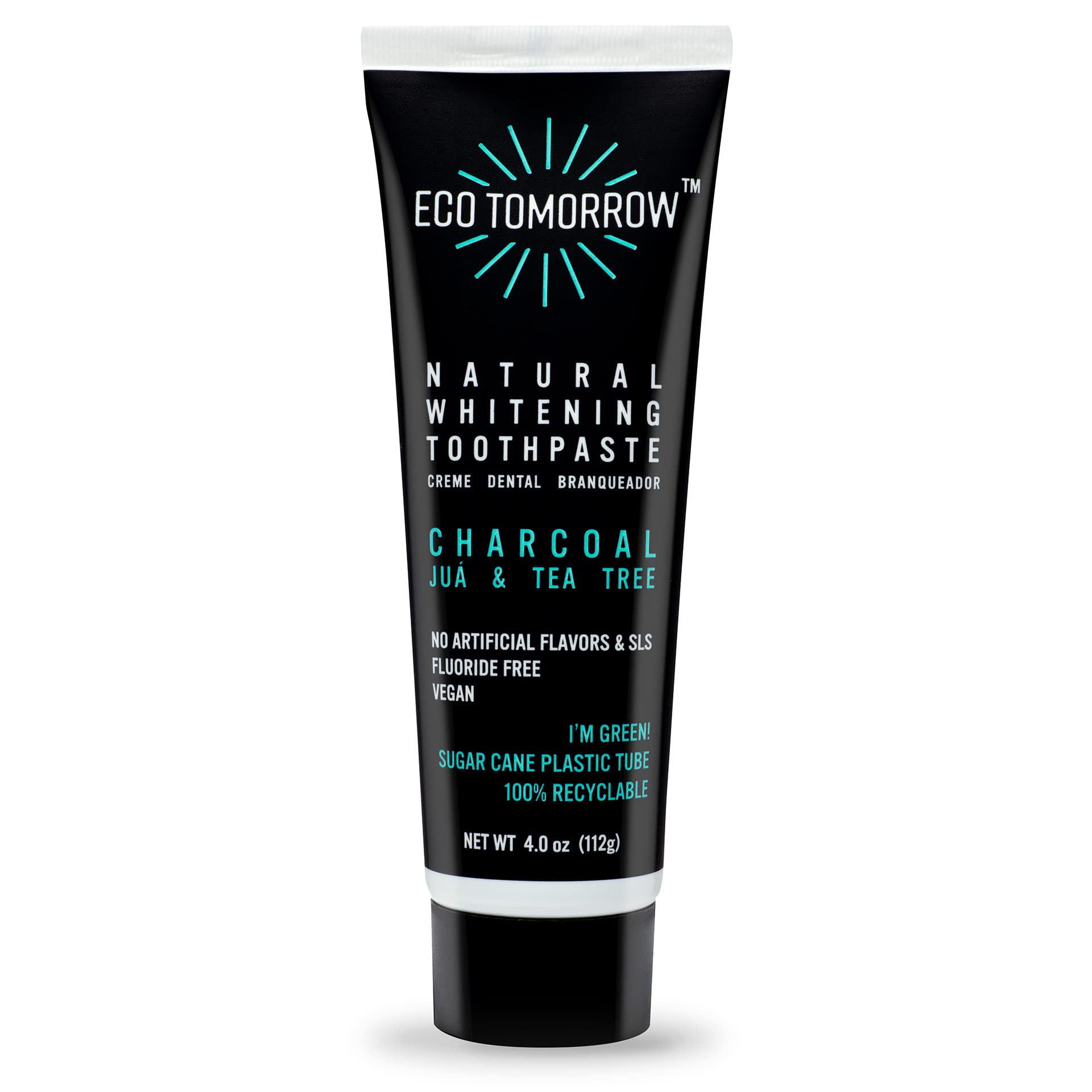 EcoTomorrow Charcoal Whitening Toothpaste - Natural Juá & Tea Tree, Fluoride Free, Vegan Formula with Peppermint Oil - 4.0oz for Fresh Breath & Teeth Whitening - Perfect for Daily Oral Care & Natural Smile Enhancement