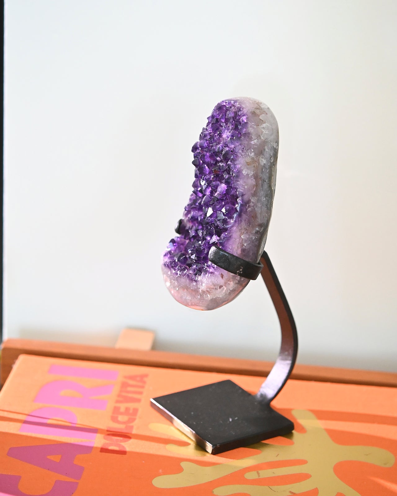 Natural Amethyst Crystal Geode on Wooden Stand - 3.5lbs Healing Stone for Home Decor, Meditation & Spiritual Gifts