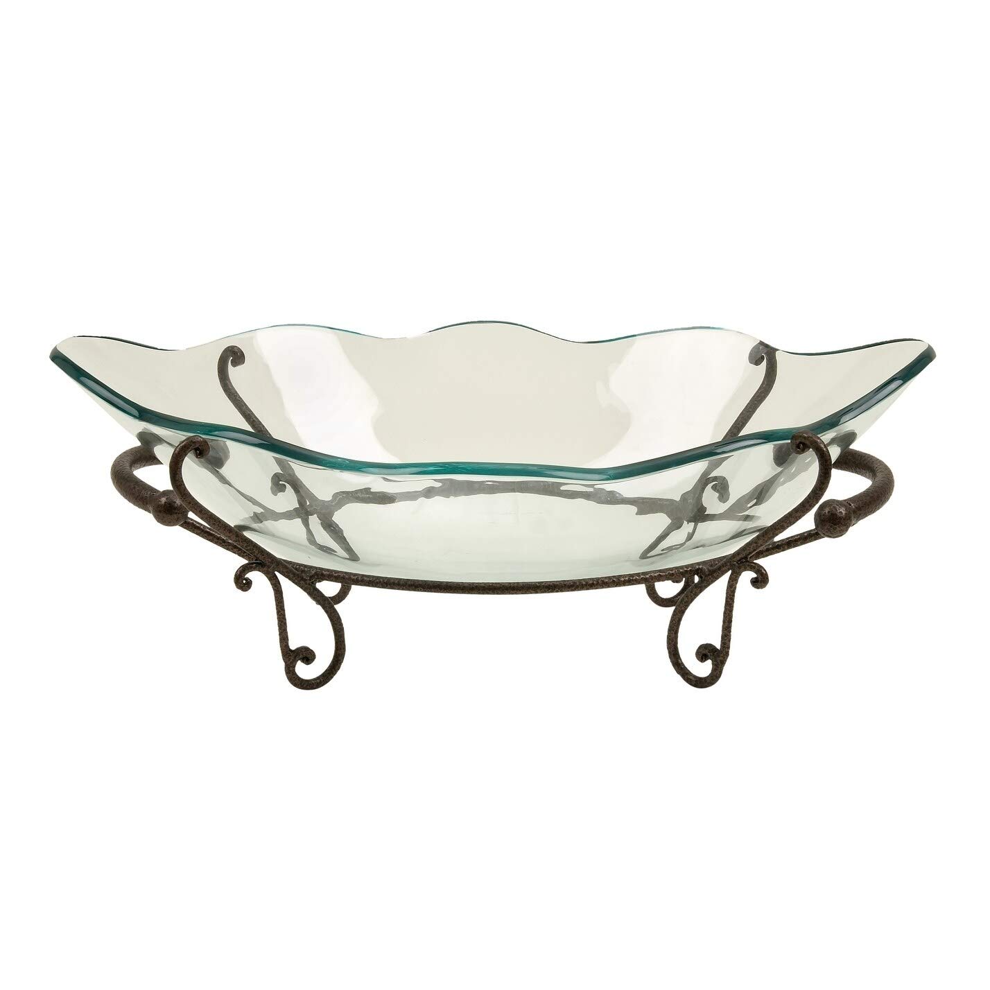 Acacia Metal Wood 9x23 Inch Glass Bowl with Black Iron Stand - Elegant Serving Bowl for Salads, Fruits, and Party Dishes - Perfect for Dining, Entertaining, and Home Decor