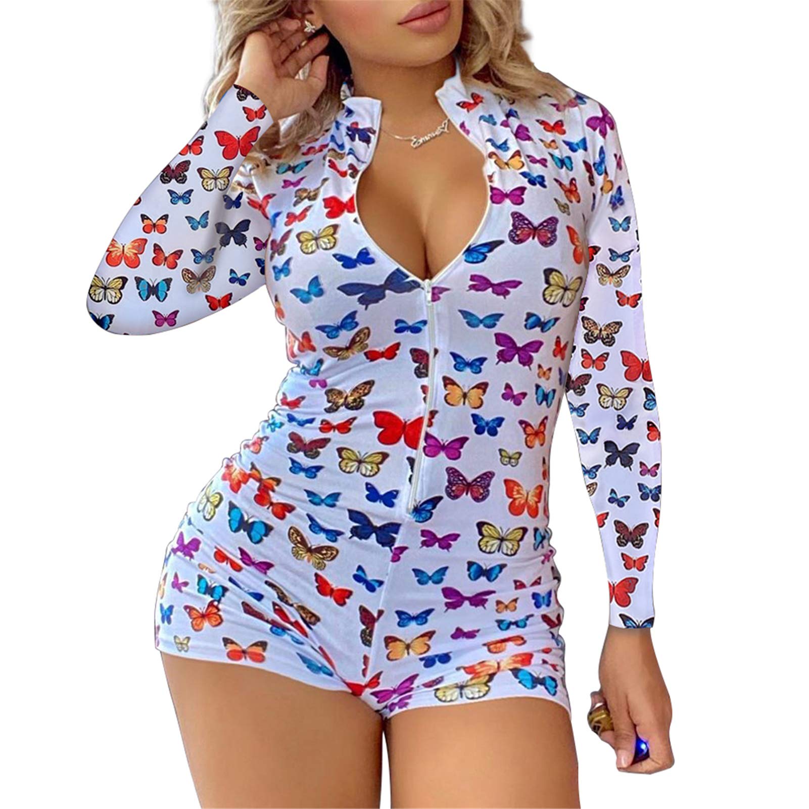 Sexy Women's Long Sleeve Bodycon Jumpsuit - Deep V Neck One Piece Romper Pajama Bodysuit with Shorts | Perfect for Sleepwear, Loungewear & Date Night Outfits