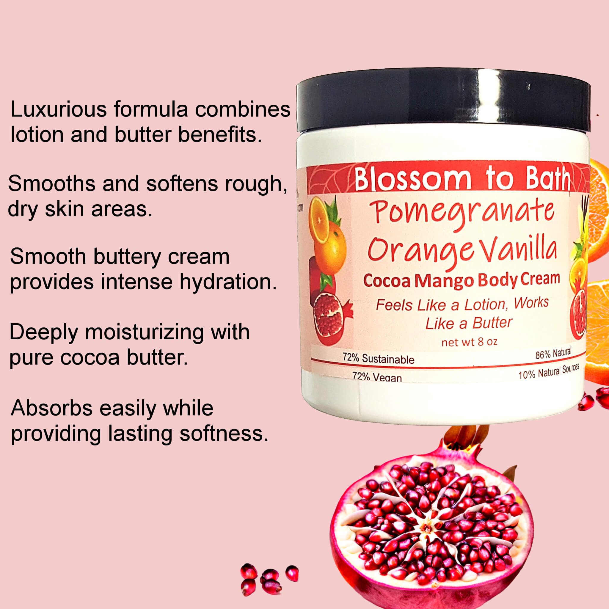 Natural Pomegranate Orange Vanilla Cocoa Mango Body Cream (8oz) - Moisturizing Lotion & Body Butter with Juicy Fruity Scent - Perfect for Dry Skin Care & Daily Hydration