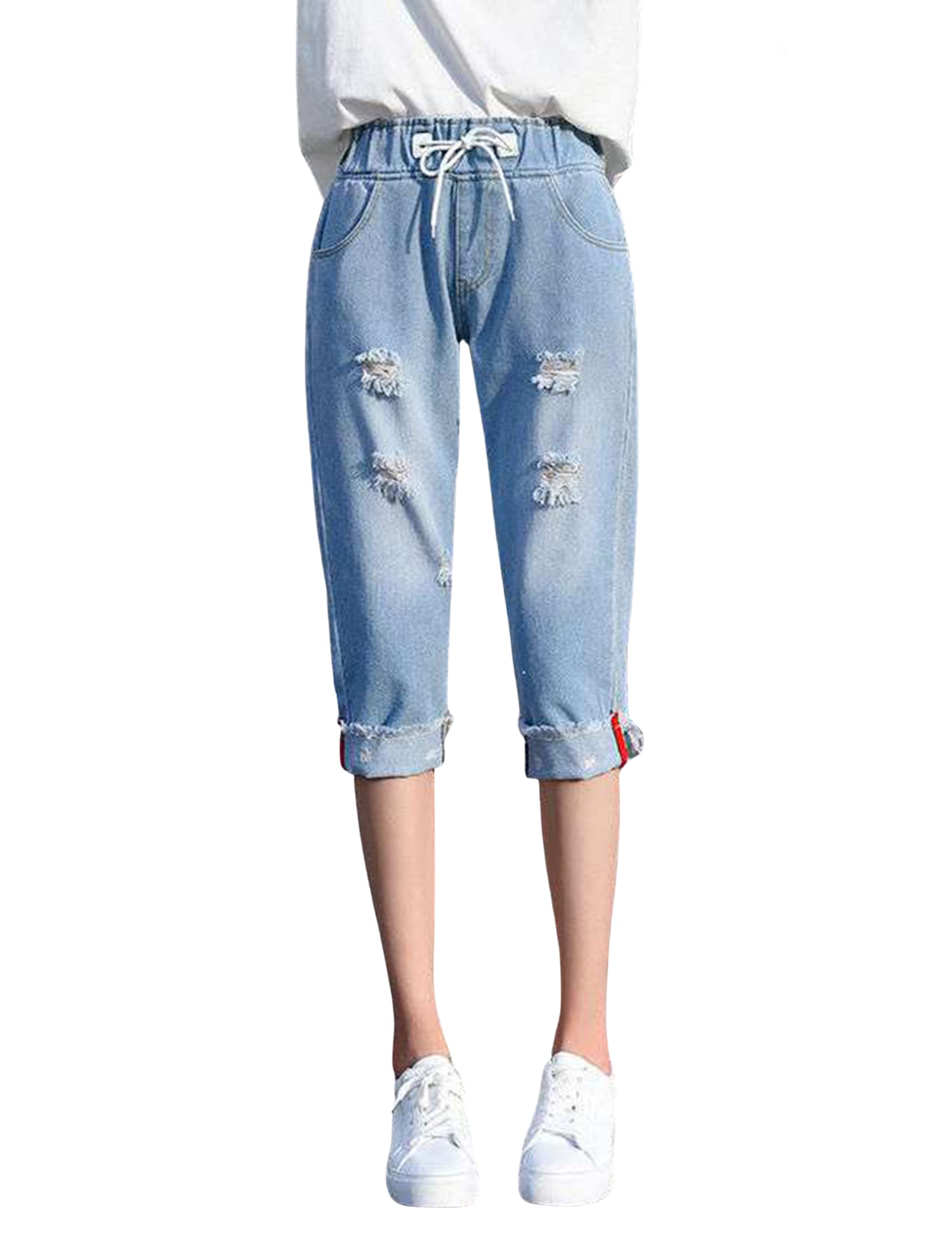 QIBABU Women's Stretch Denim Joggers - Elastic Waist Pull-On Capri Pants with Drawstring & Distressed Details | Casual Wear, Lounge Pants, Running Errands, Weekend Outfits