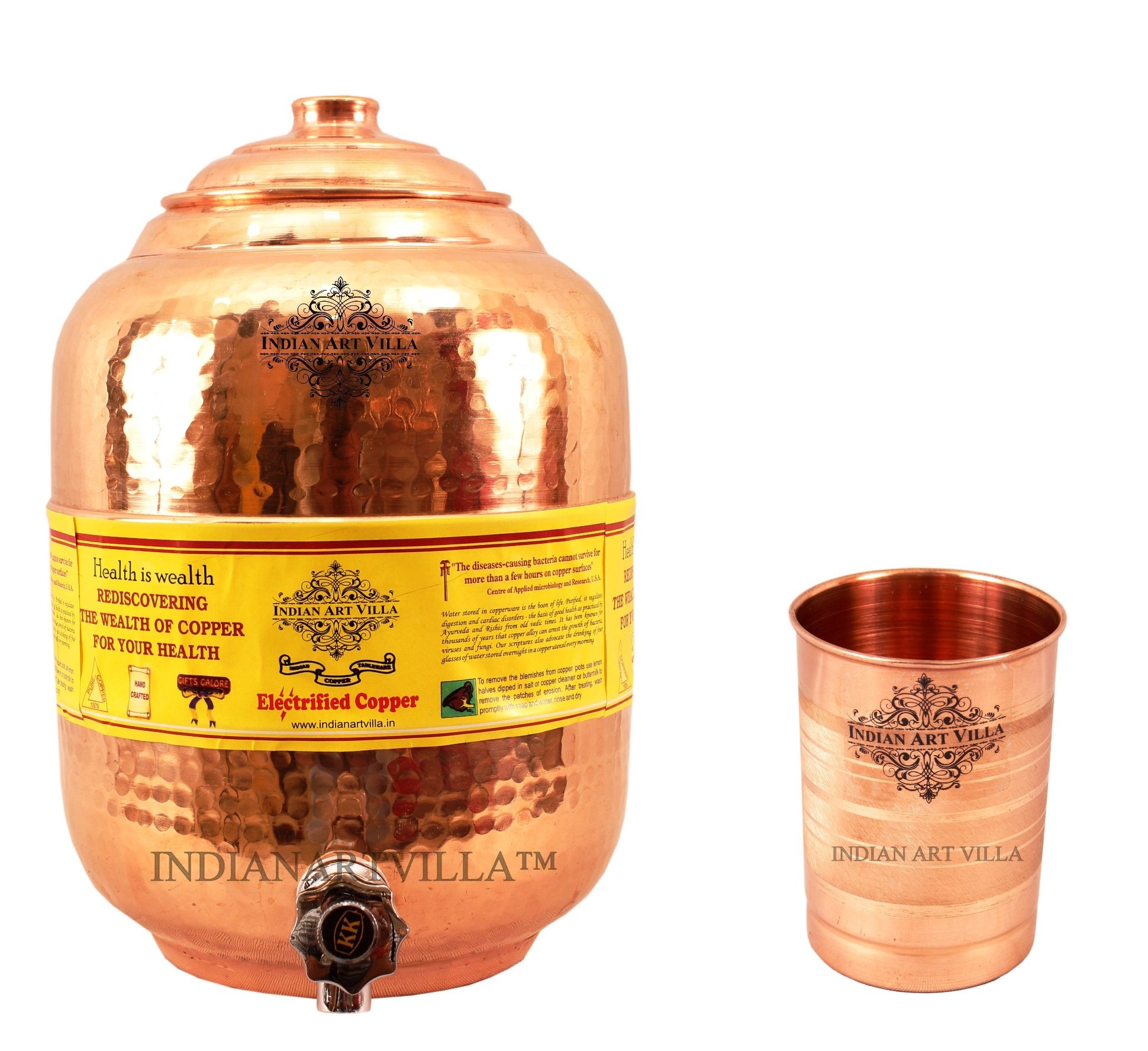 Handmade Pure Copper Water Dispenser 236oz & Storage Vessel Set with 10oz Copper Glass Cup | Indian Art Villa | Ayurvedic Water Benefits | Perfect for Home, Office & Yoga Practice