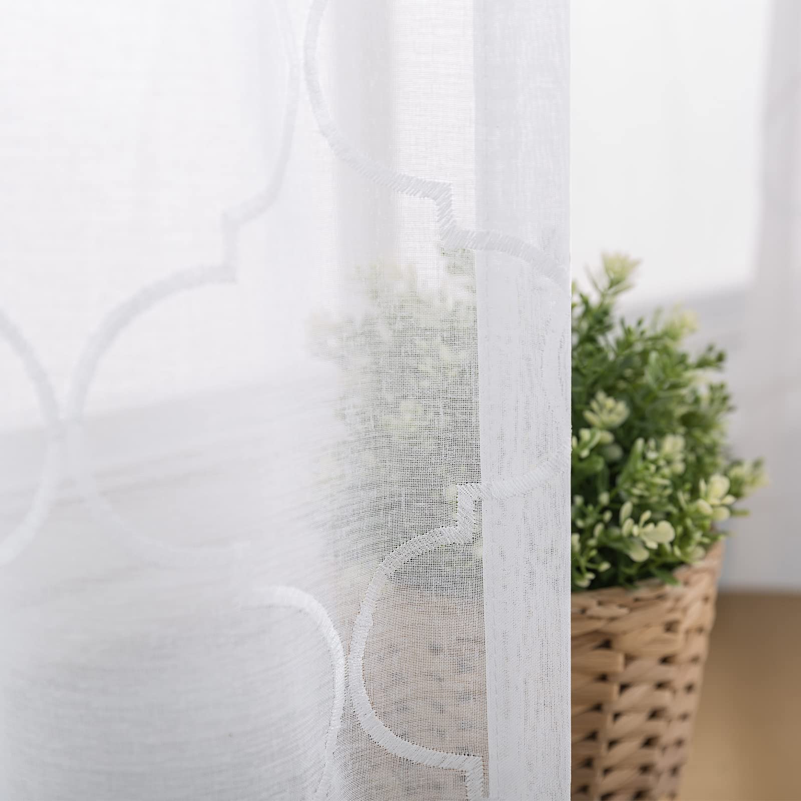 White Sheer Curtains for Living Room & Bedroom - Moroccan Tile Embroidered Window Drapes with Lattice Geometric Quatrefoil Design, Semi-Sheer Panels (Set of 2, 55x63 Inches) - Perfect for Boho Home Decor, Apartment Windows, and Cozy Interior Styling