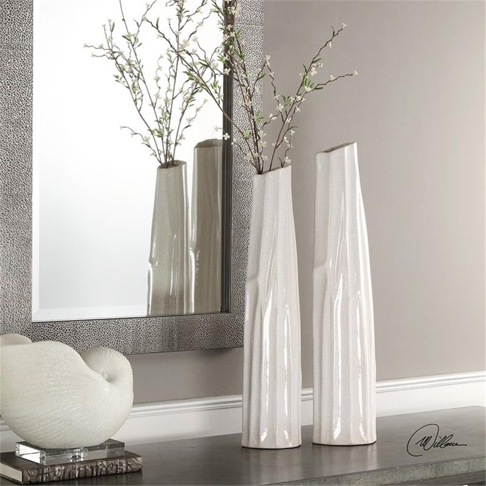 Bowery Hill Contemporary 2-Piece Crackled White Ceramic Vase Set - Perfect for Home Decor, Wedding Centerpieces & Modern Farmhouse Style