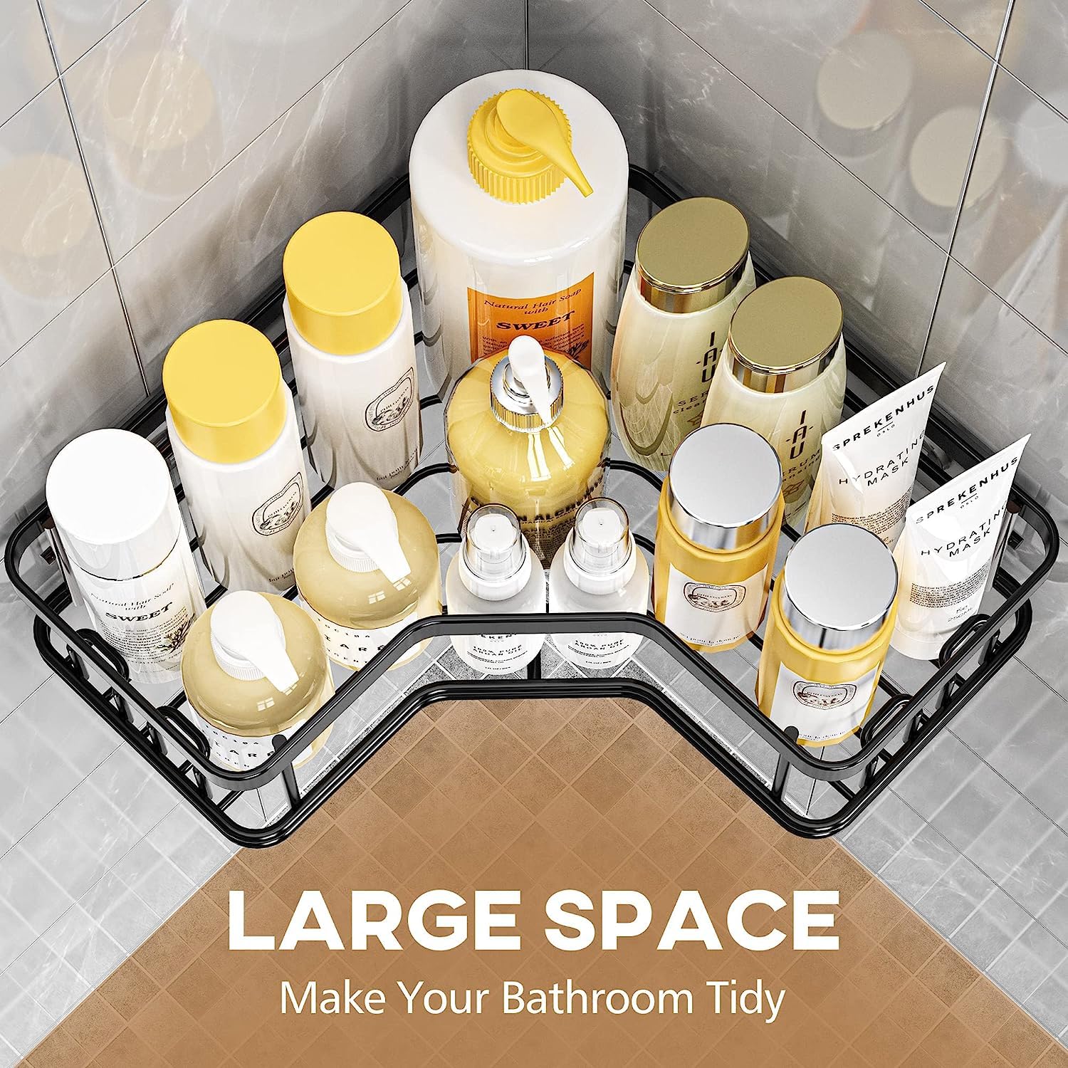 Adhesive Shampoo Bottle Organizer Rack - 8 Hook Corner Shower Shelf for Bathroom Storage | Space-Saving Bathroom Organizer with Strong Adhesive (Black) | Perfect for Small Bathrooms, Showers & Vanity Organization