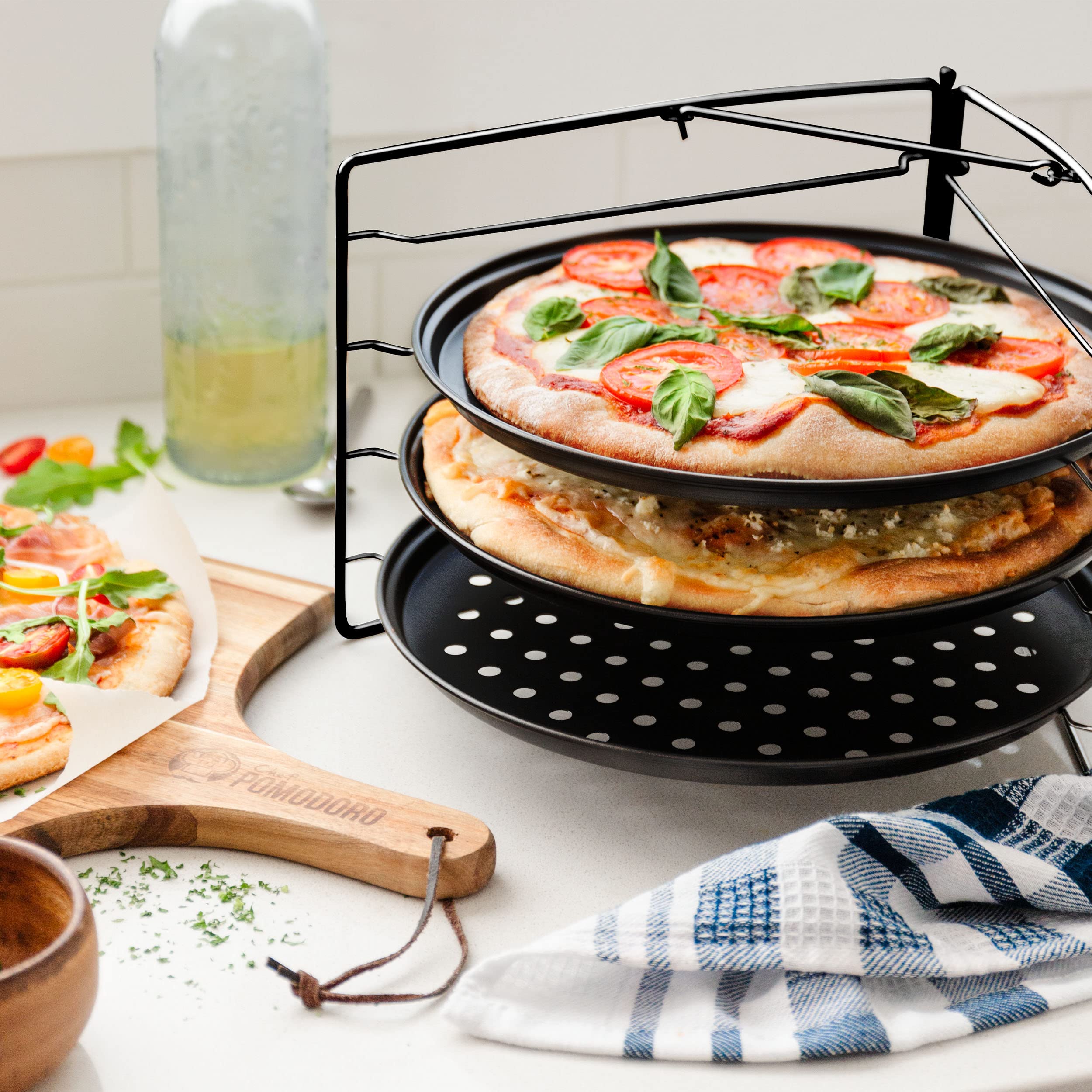 Chef Pomodoro 3-Piece Pizza Baking Set - 11-Inch Non-Stick Perforated Pizza Pans & Rack for Oven, Grill & BBQ | Perfect for Home Baking, Restaurant Use & Outdoor Cooking