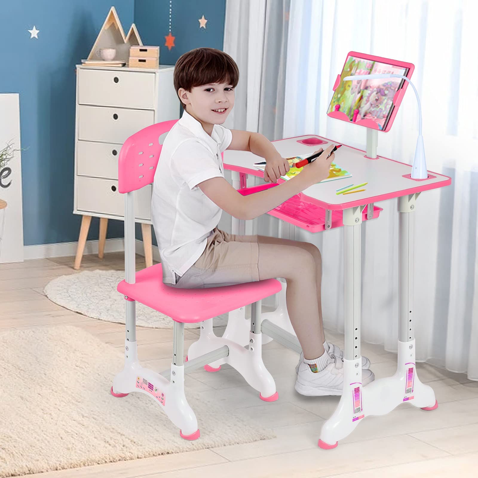 Adjustable Kids Desk and Chair Set with Desktop & Drawer - Ergonomic Study Furniture for Children's Bedroom, Homeschooling & Online Learning