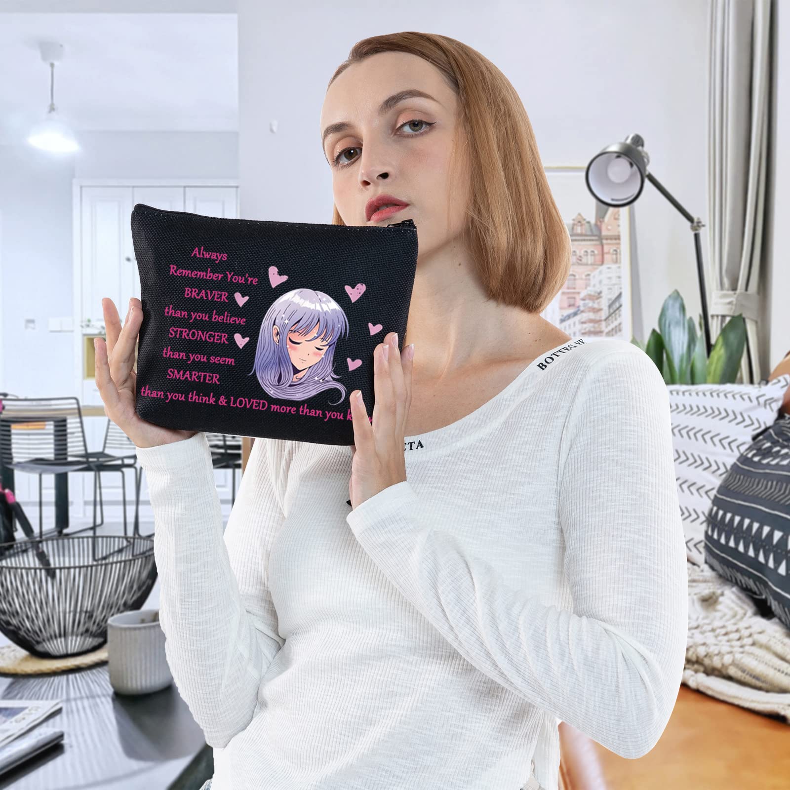 Anime Makeup Bag for Women & Teens - WZMPA Cute Cosmetic Pouch with Inspirational Quote 'You Are Braver Stronger Smarter Than You Think' - Perfect Gift for Anime Fans, Japan Anime Lovers & BL Enthusiasts - Great for School, Travel & Cosplay Accessories