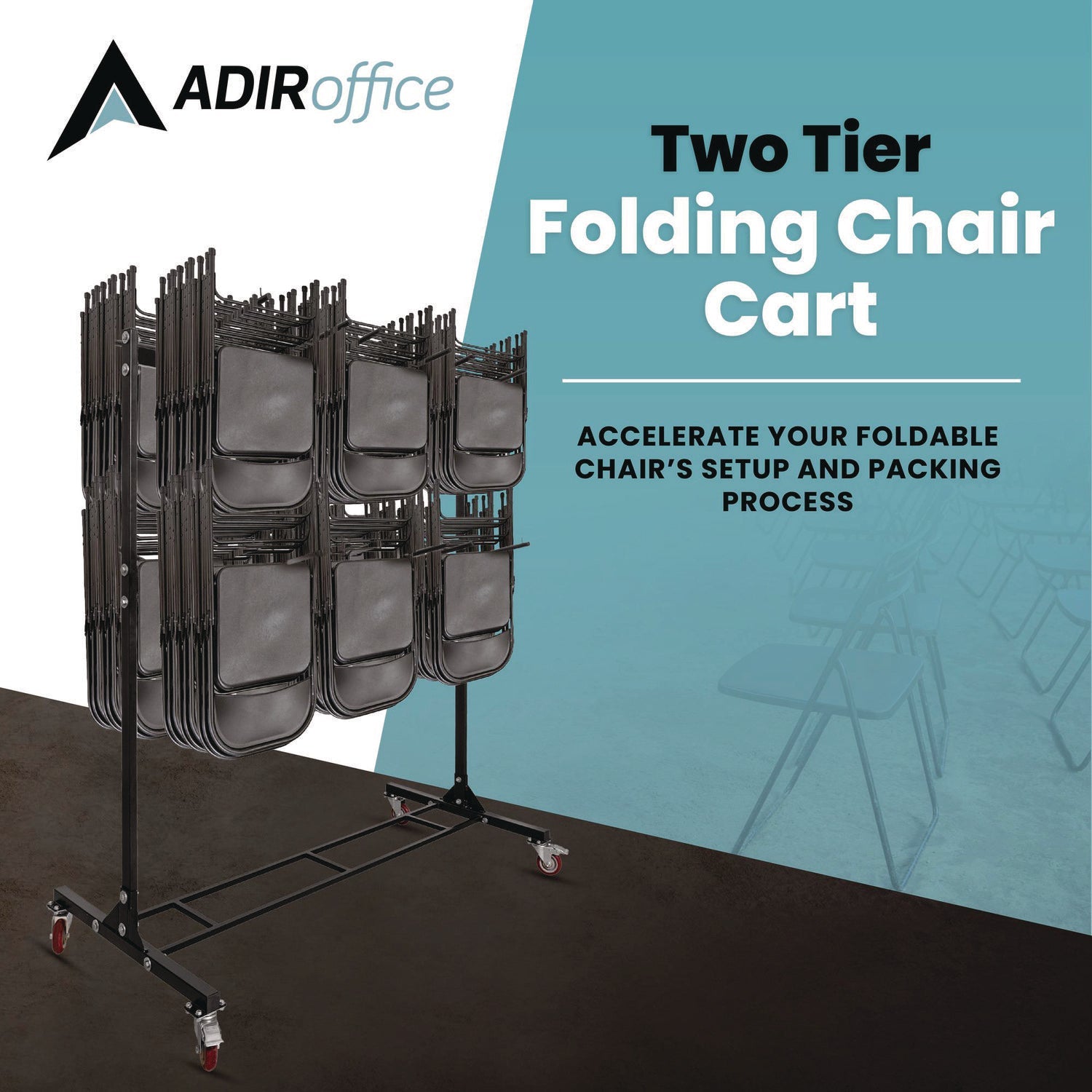 AdirOffice Heavy Duty Steel Folding Chair with Two Tier Utility Cart - 1000 lb Capacity, 33