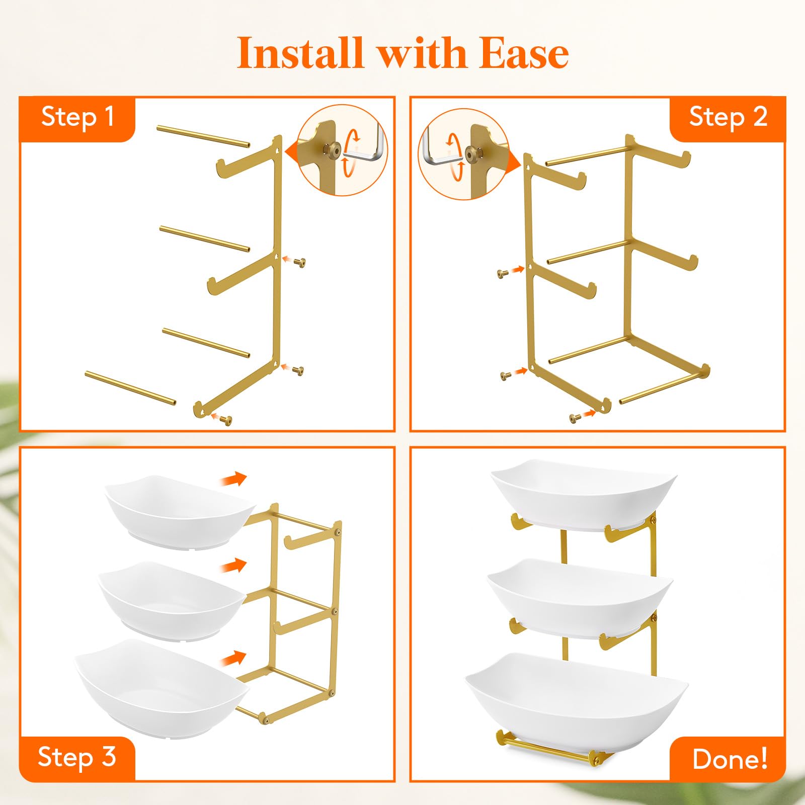 3-Tier Plastic Fruit Bowl Basket with Gold Metal Stand - Kitchen Countertop Organizer for Fruits, Vegetables, Cakes & Desserts | Perfect for Party Serving, Dining Room Decor & Gift Giving