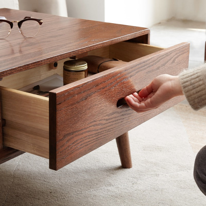 Solid Oak Wood Two-Drawer Coffee Table - Walnut Finish | Rustic Living Room Furniture for Home Decor & Storage