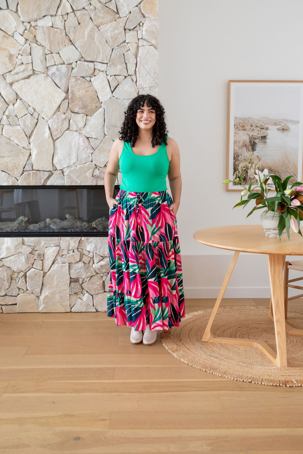 Carrie Skirt in Jungle Pink - Women's Floral A-Line Midi Skirt with Pockets | Perfect for Spring Outfits, Office Wear & Casual Dates