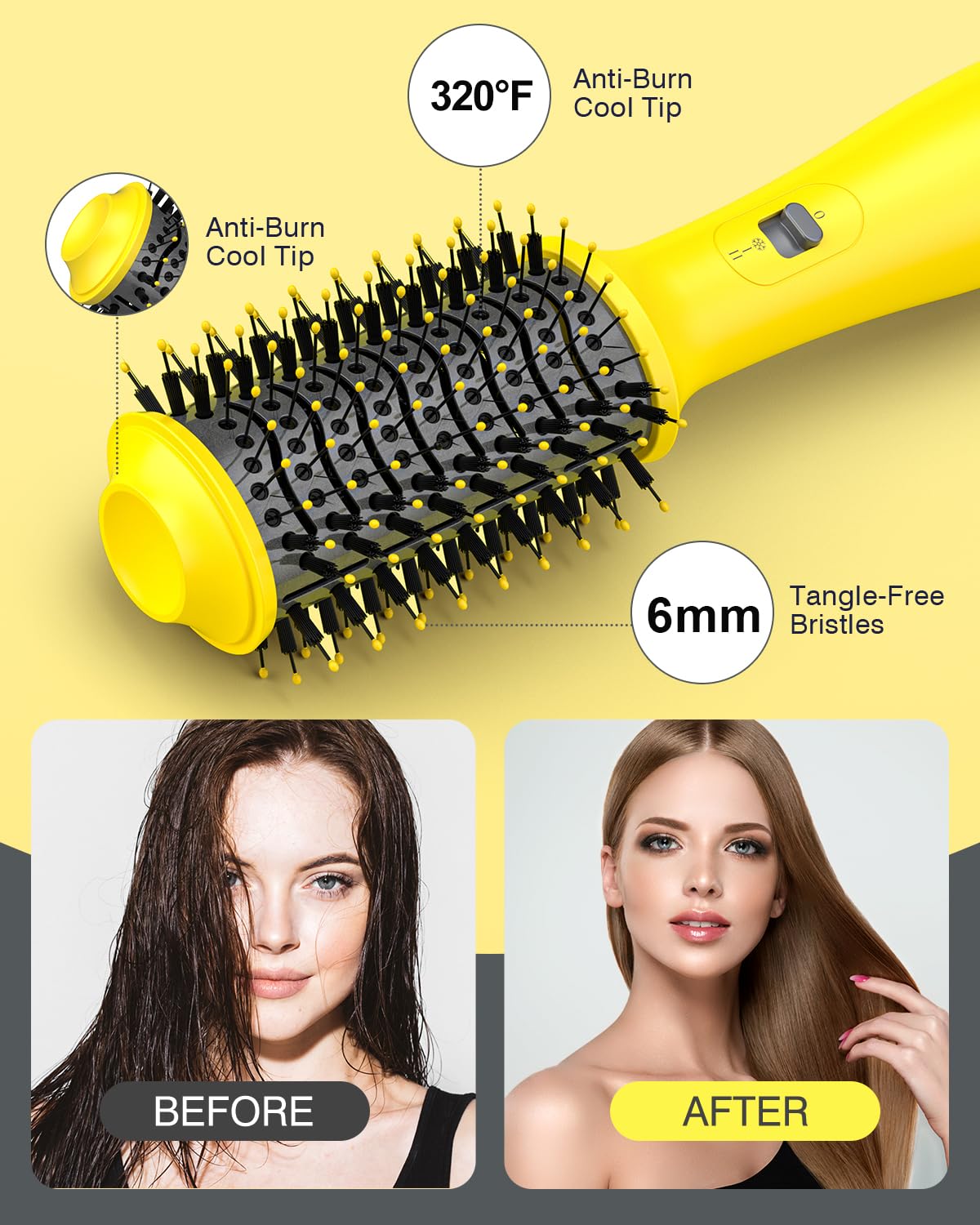 4 in 1 Hot Air Brush Hair Dryer & Styler Volumizer with Negative Ionic Technology - Yellow Blow Dryer Brush for All Hair Types | Perfect for Home Salon Styling, Travel & Quick Hair Drying