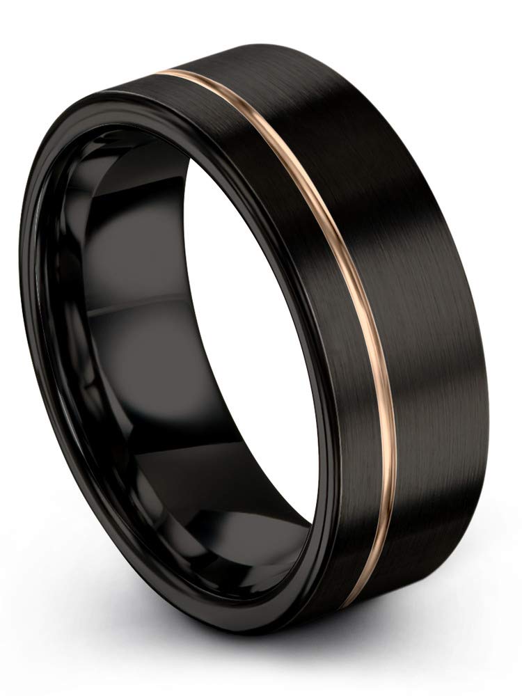 Midnight Rose Collection 8mm Tungsten Wedding Band Ring for Men & Women - 18k Rose Gold & Yellow Gold Plated, Flat Cut, Black Brushed & Polished - Perfect for Anniversaries, Engagements & Everyday Wear
