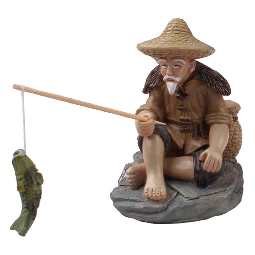 Cute Small Fisherman Figurines - Handcrafted Sitting Garden Statue for Bonsai, Miniature Landscapes & Indoor Decor | Perfect for Patio, Zen Gardens & Home Office Decoration