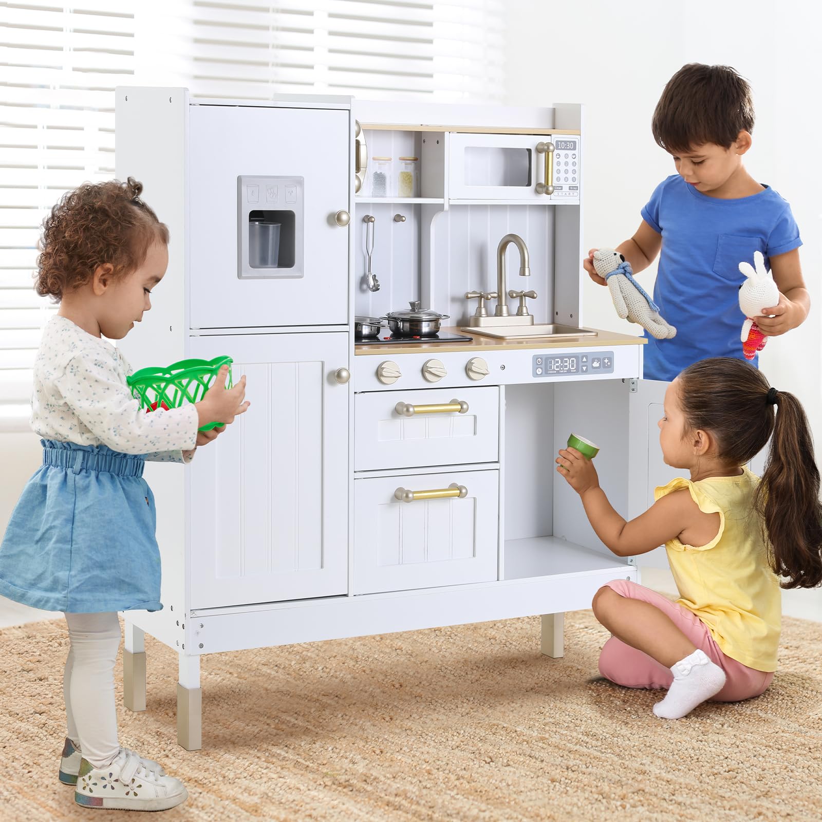 **Arlopu Wooden Play Kitchen for Kids - Pretend Cooking Set with Realistic Light & Sound, Stove, Fridge, Microwave & Removable Sink - Interactive Toy Kitchen for Toddlers & Preschoolers (White) - Perfect for Role Play, Birthday Gifts & Indoor Pretend Play**