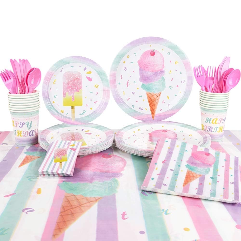 130PCS Ice Cream Party Supplies Set - Disposable Tableware for Kids Birthday, Baby Shower & Summer Parties (Includes Tablecloth, Plates, Cups, Napkins, Cutlery & Bags) - Serves 16 Guests - Perfect for Outdoor Picnics & Birthday Celebrations