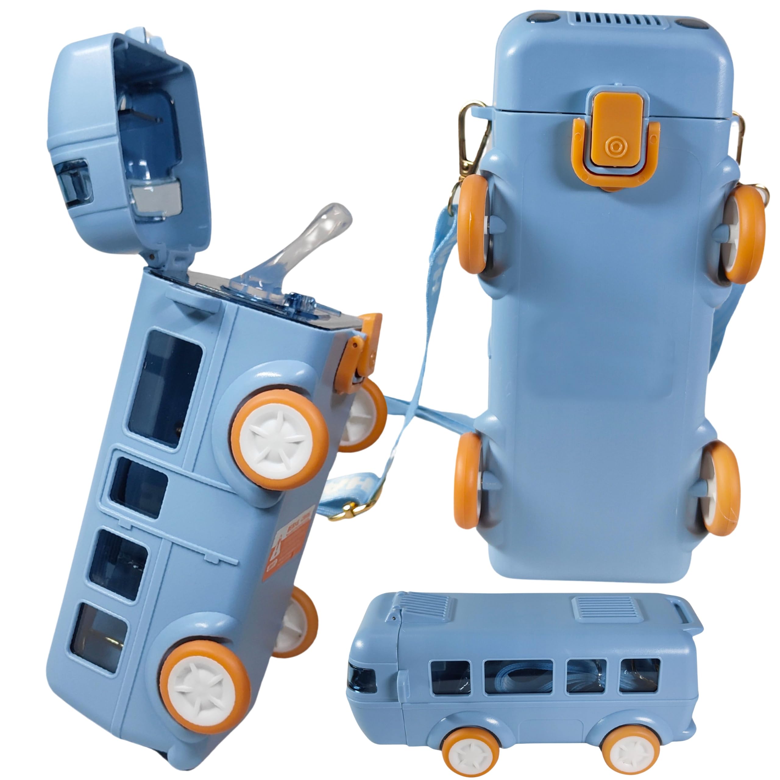 **ZAFCO Cute Bus-Shaped Kids Water Bottle with Strap, Sipper & Straw | Leakproof, BPA-Free, Moving Wheels & Lock Mechanism | Plastic Portable Drinking Bottle for Girls & Boys | School, Travel & Outdoor Activities (Blue)**