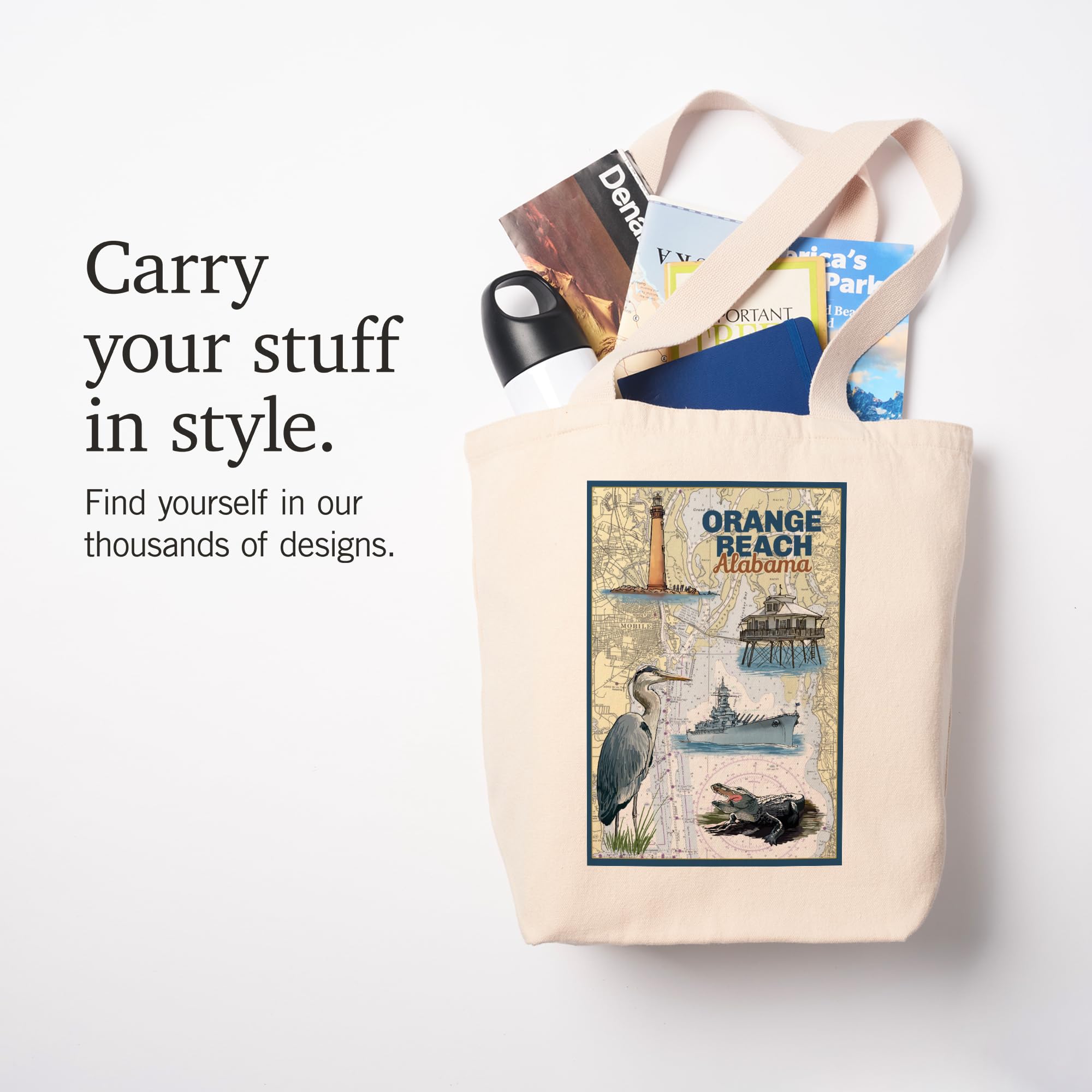 Orange Beach Alabama Nautical Chart Tote Bag - 100% Cotton Canvas Reusable Shopping Bag for Beach, Groceries & Daily Use