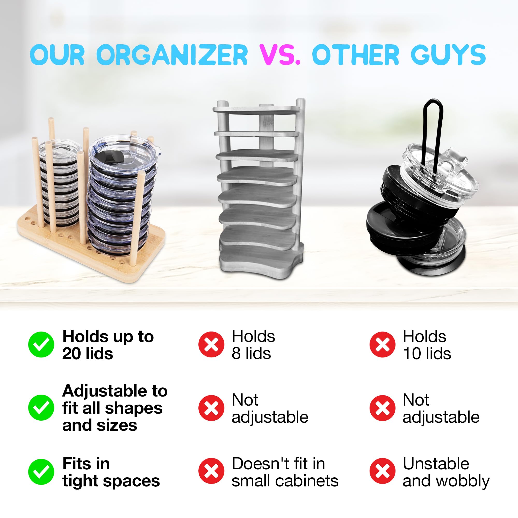 Adjustable Bamboo Tumbler Lid Organizer - 20-Lid Capacity Cabinet Organizer for YETI, Hydro Flask & Water Bottles - Space Saving Kitchen Storage Solution - Perfect for Pantry, RV & Small Spaces