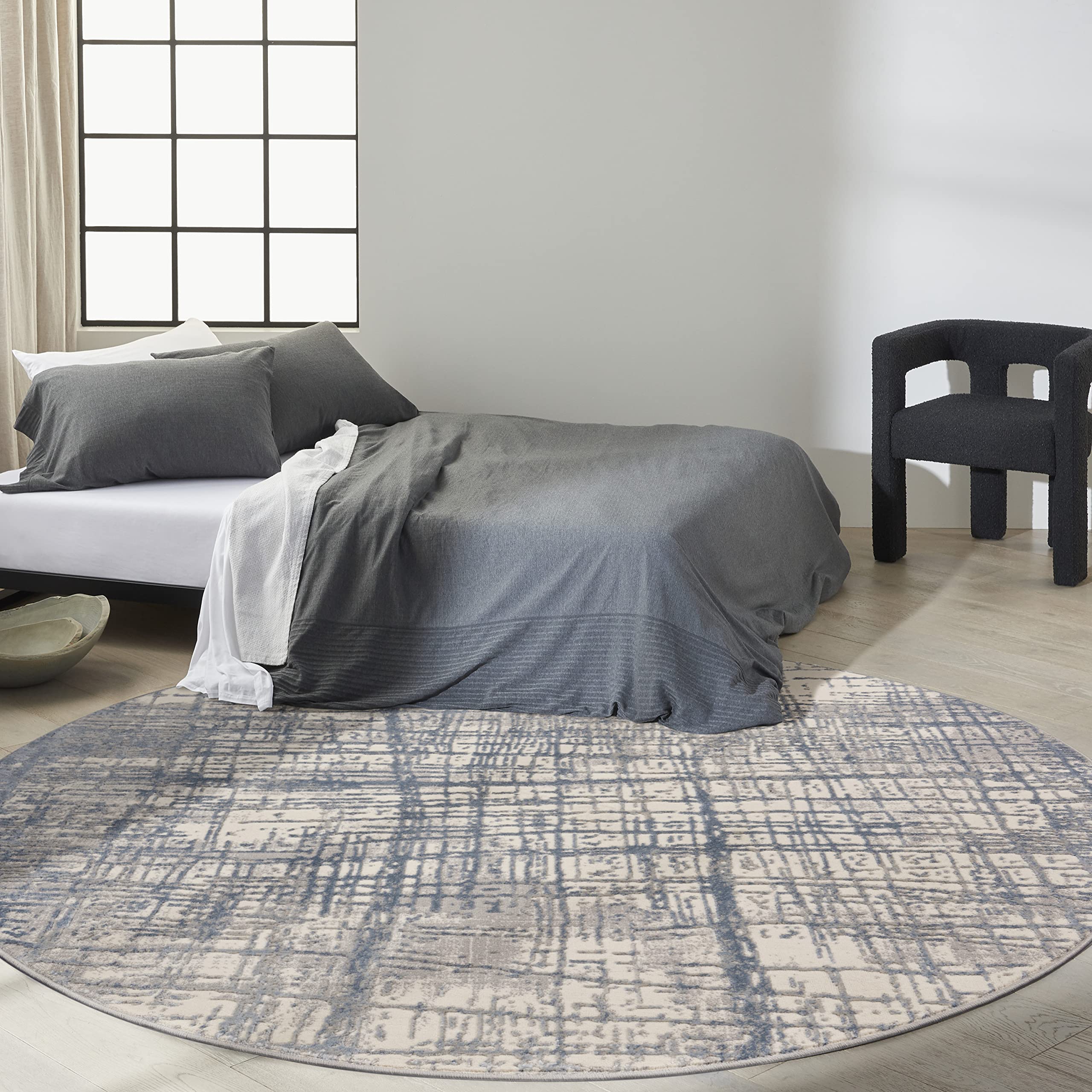Calvin Klein Rush Ivory Blue 8' Round Area Rug - Modern Abstract Design, Easy to Clean & Non-Shedding - Perfect for Bedroom, Living Room, Dining Room & Kitchen Decor